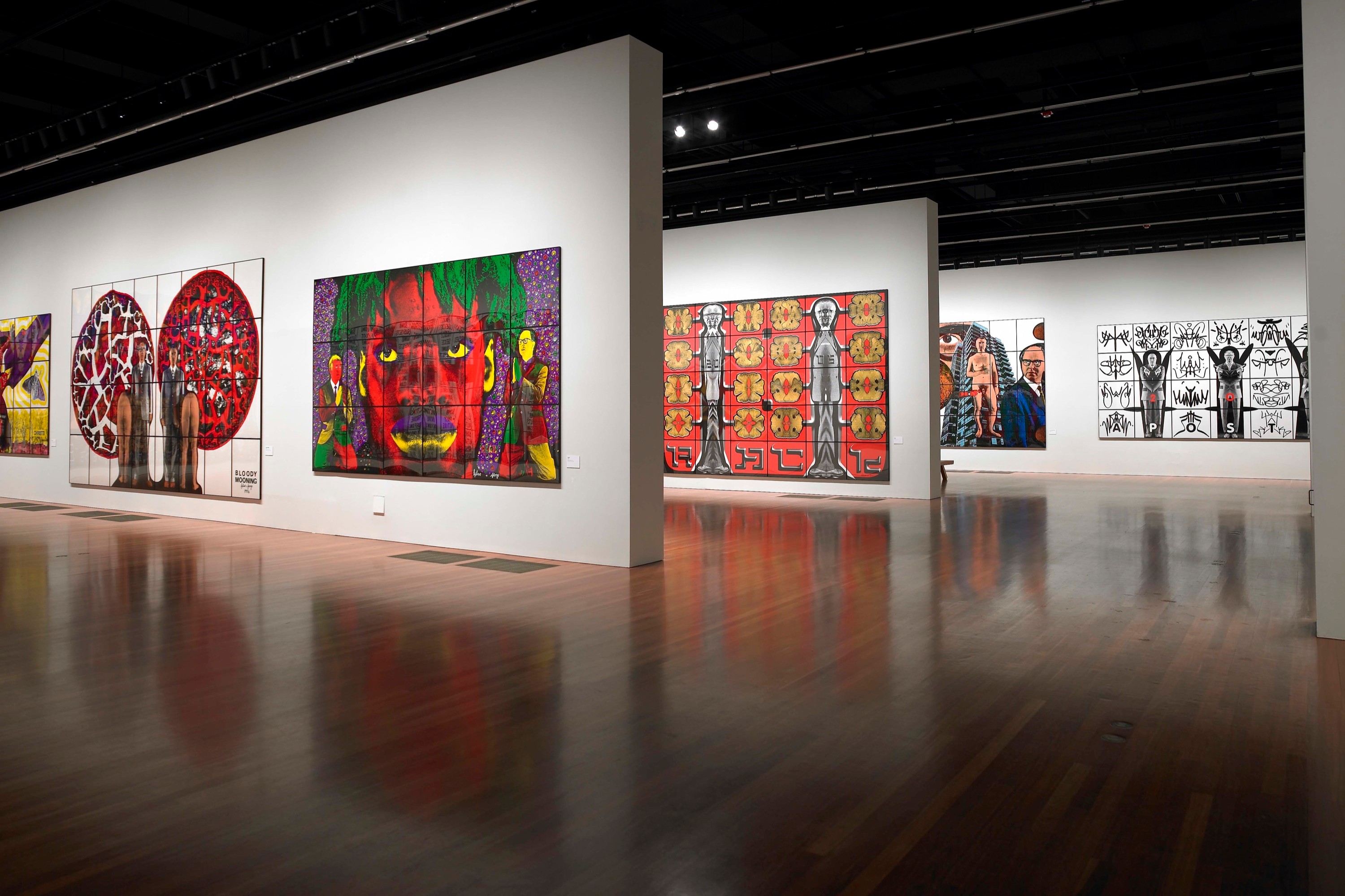 Installation view of Gilbert & George: Major Exhibition at de Young Fine Arts Museum