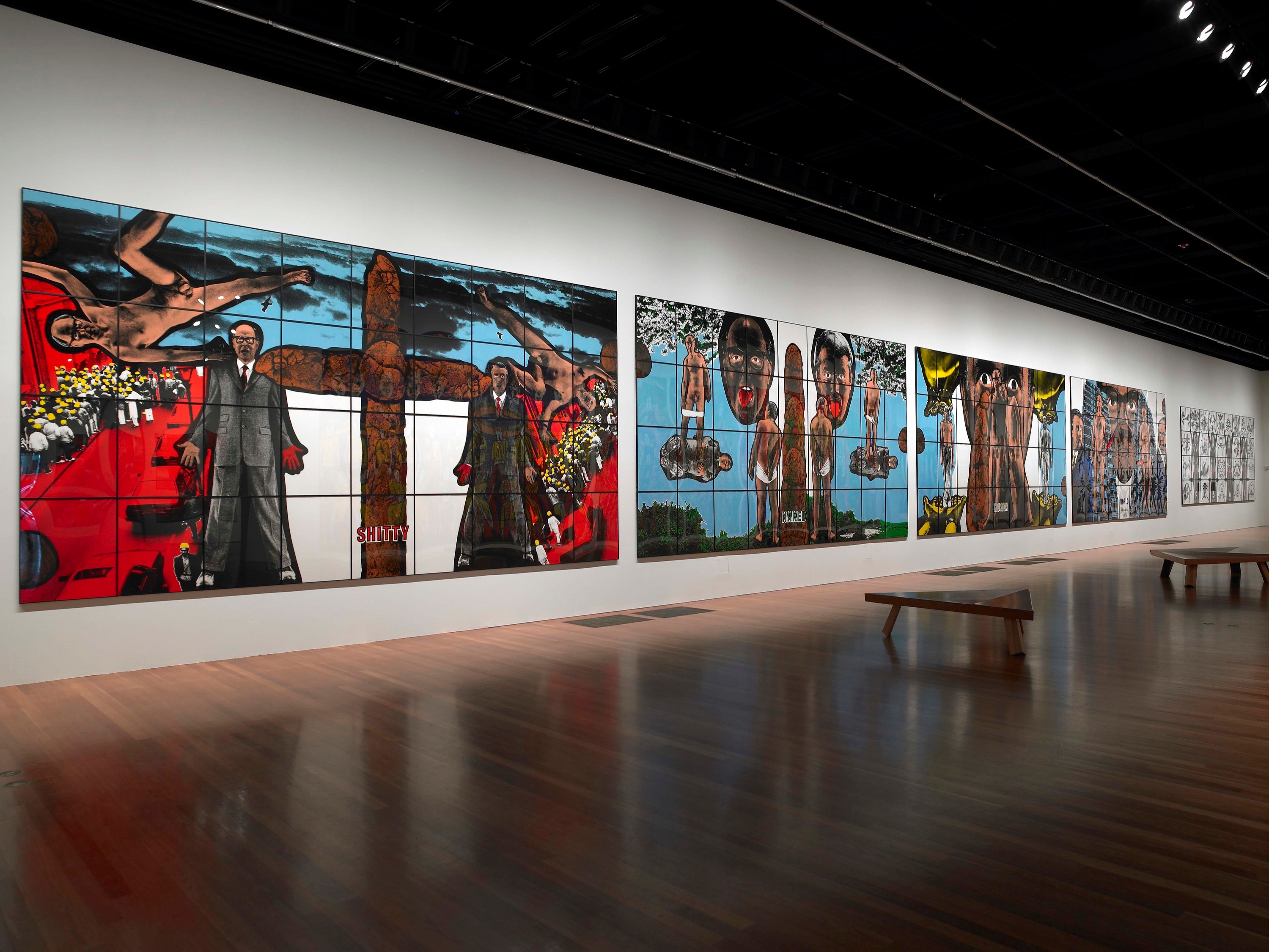 Installation view of Gilbert & George: Major Exhibition at de Young Fine Arts Museum