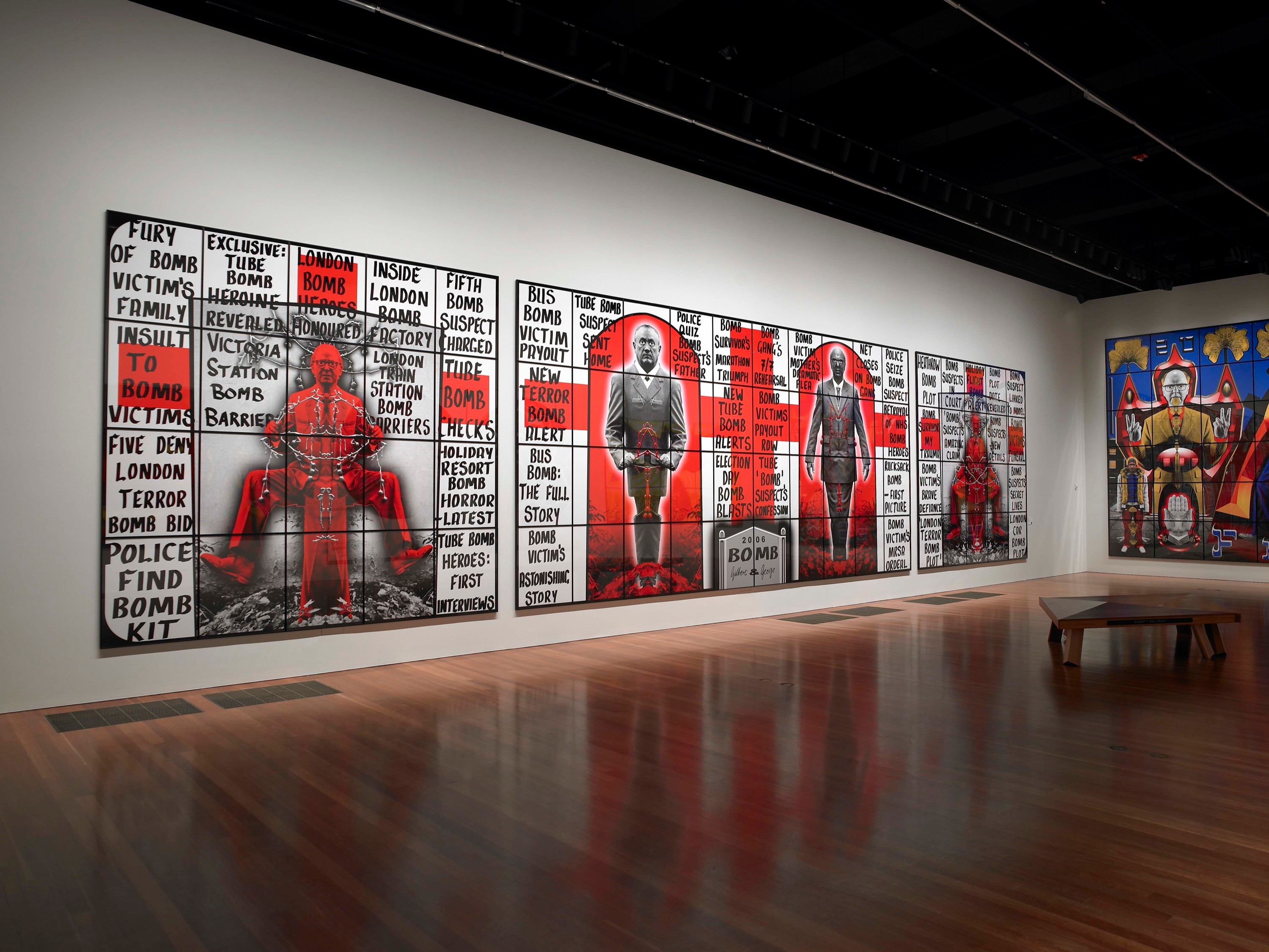 Installation view of Gilbert & George: Major Exhibition at de Young Fine Arts Museum