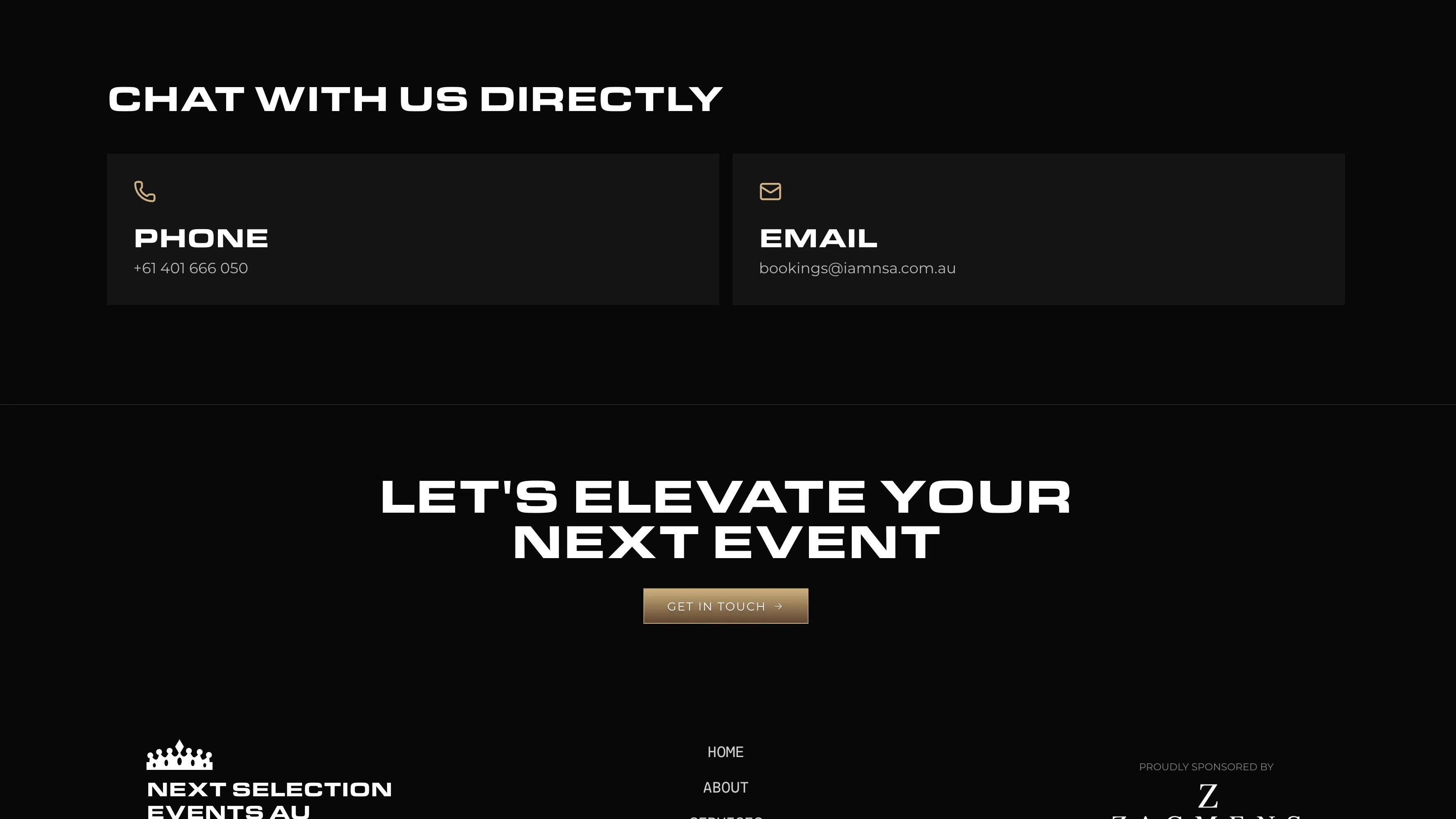 Next Selection contact section with phone and email cards, a gold enquiry button and the branded footer.