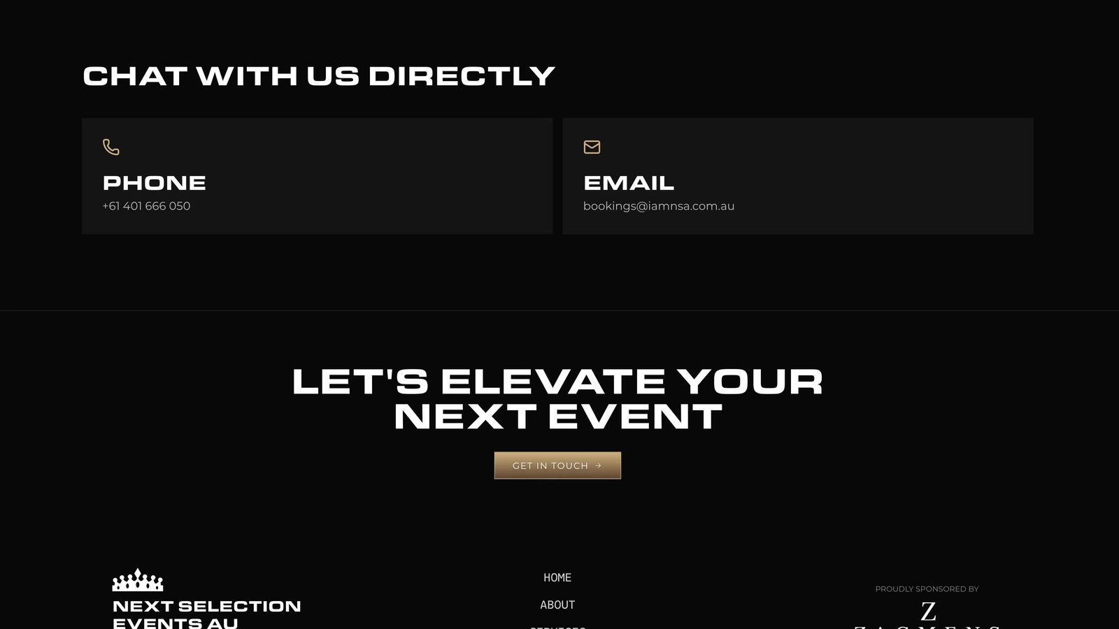 Next Selection contact section with phone and email cards, a gold enquiry button and the branded footer.