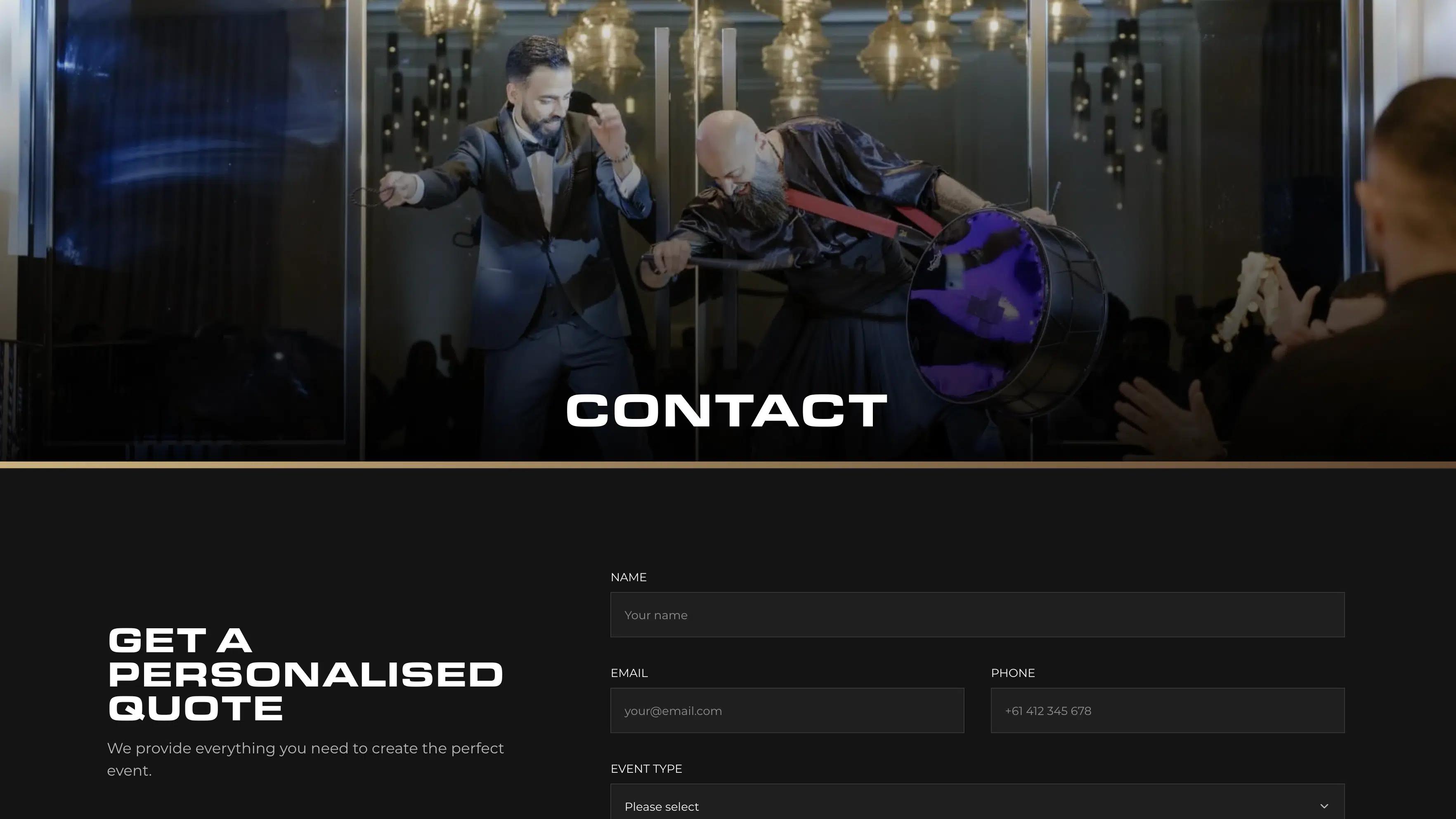 Next Selection contact page with a wedding drummer banner above a personalised quote form.