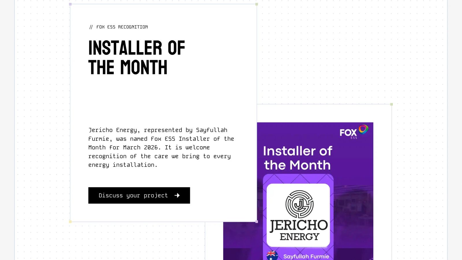 Jericho Energy recognition section featuring a purple Fox ESS Installer of the Month award graphic.