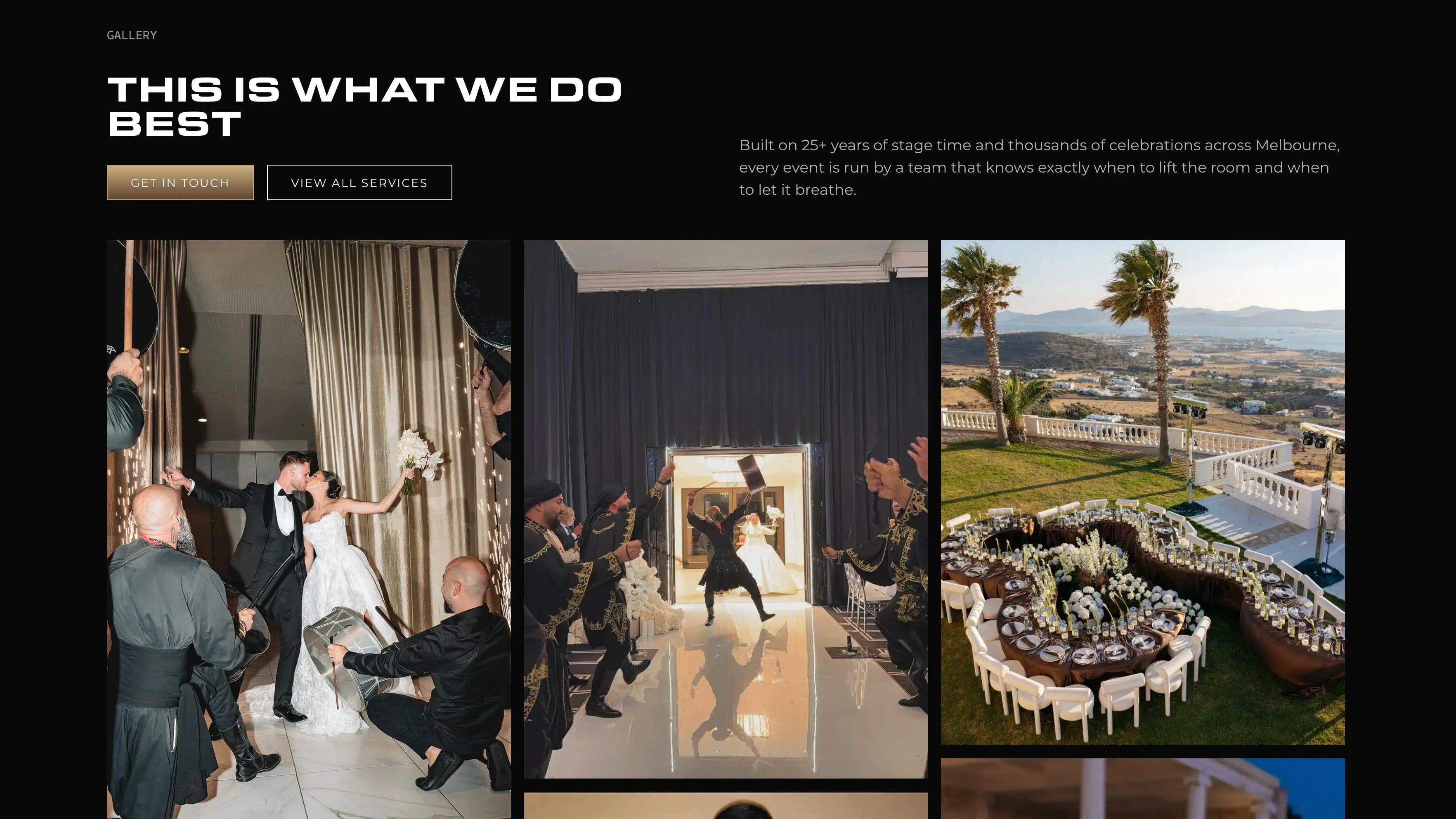 Next Selection event gallery with photographs of wedding celebrations, dancers and an outdoor reception venue.