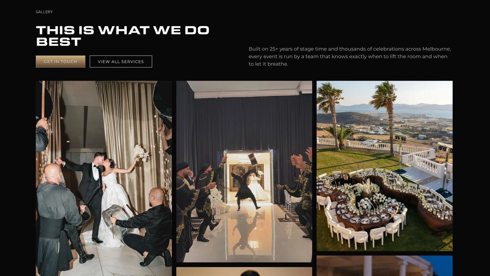 Next Selection event gallery with photographs of wedding celebrations, dancers and an outdoor reception venue.