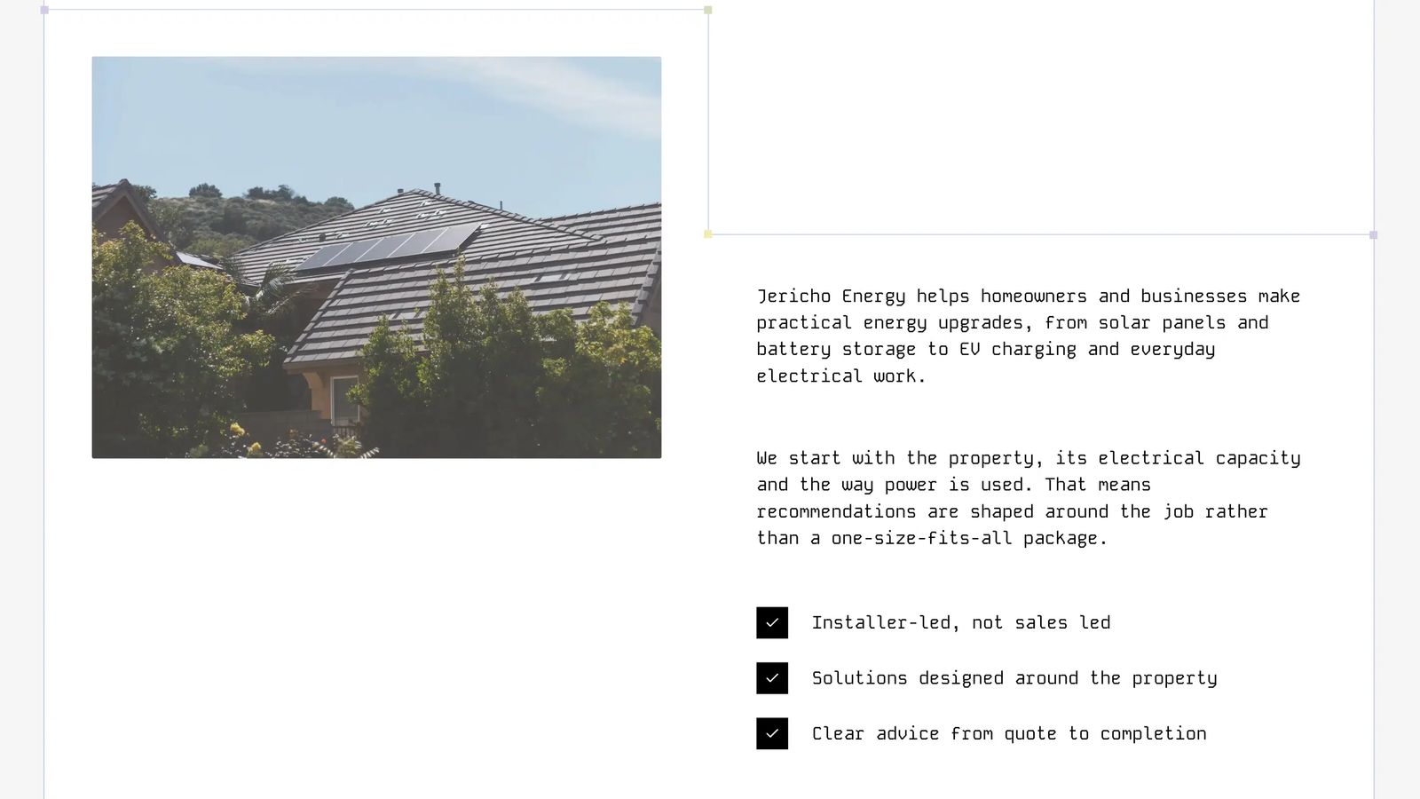 Jericho Energy introduction with a photograph of rooftop solar panels beside information about its energy and electrical services.