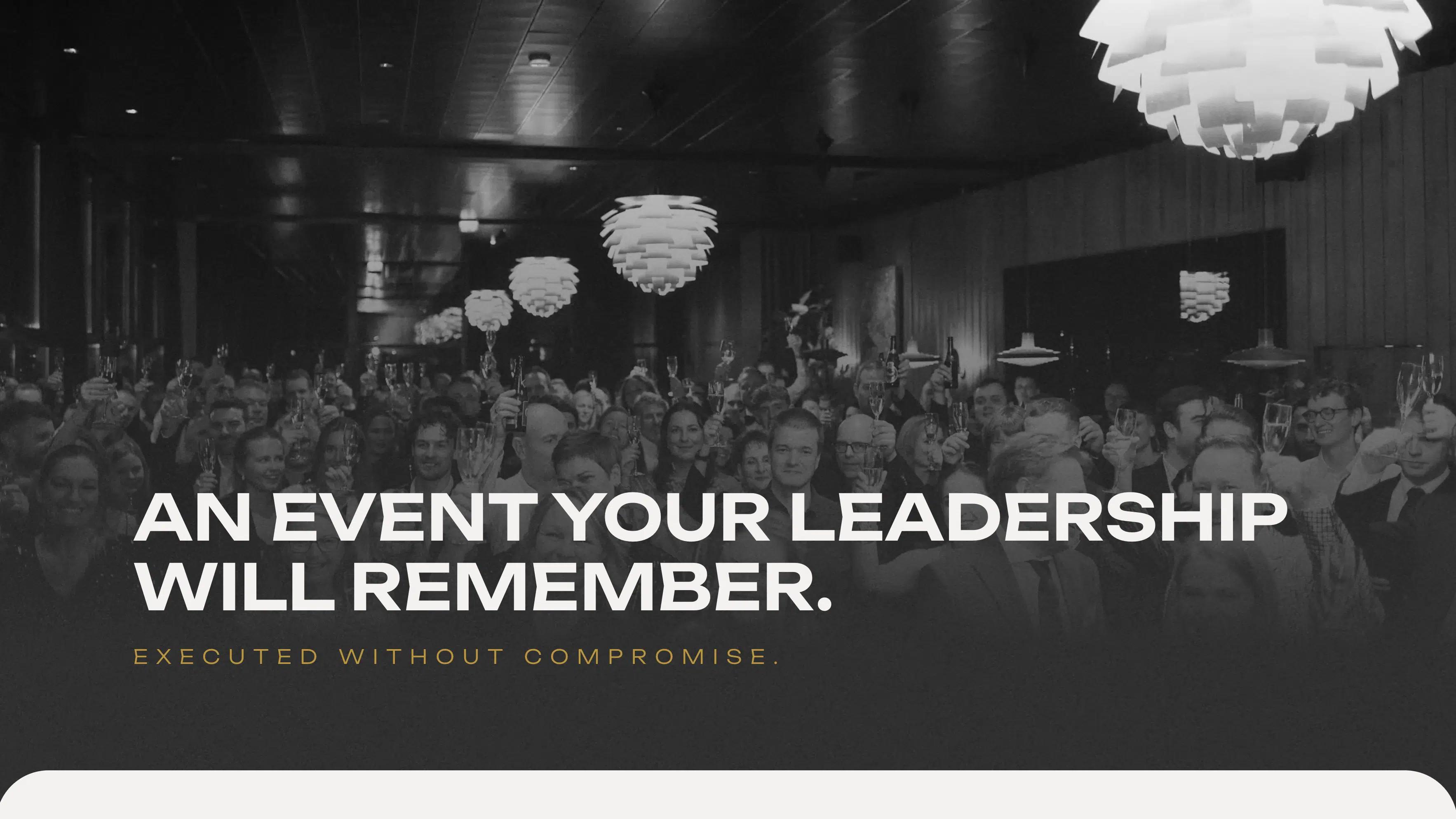 Valor Events corporate page hero with a black-and-white banquet photo and the headline 'An event your leadership will remember'.