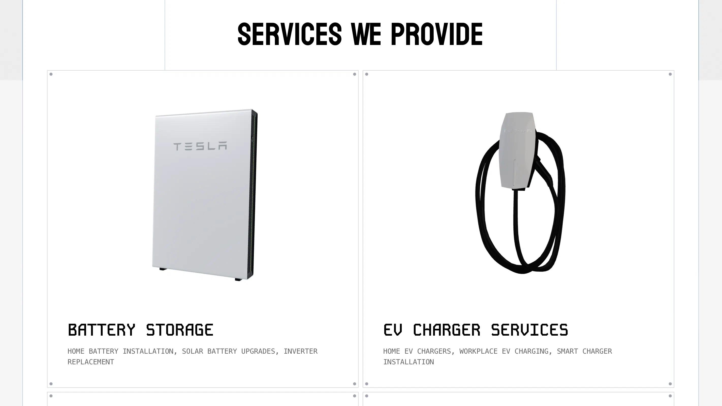Jericho Energy service cards showing a Tesla home battery and a wall-mounted EV charger.