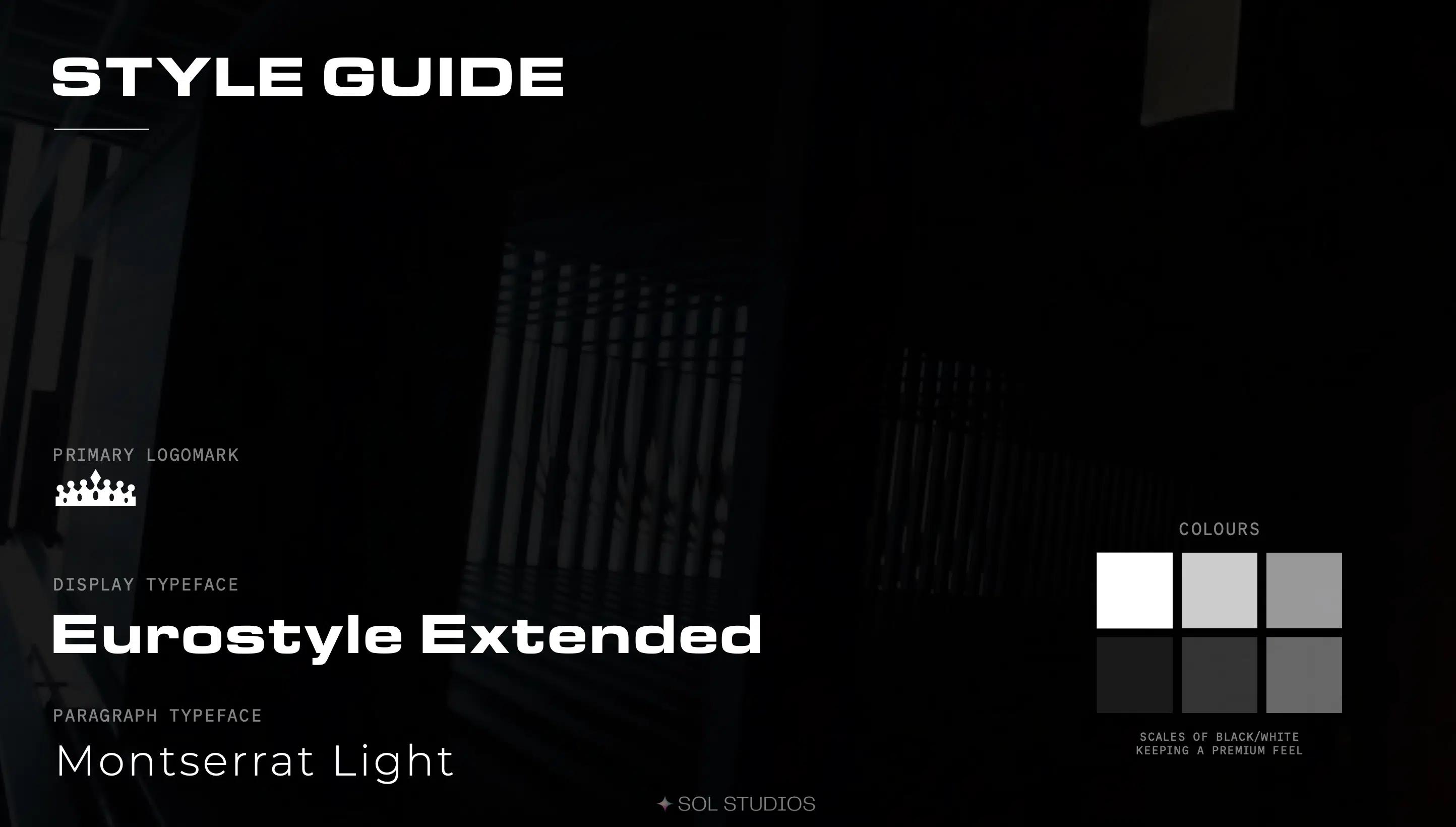 Next Selection style guide with the white crown logo, Eurostyle Extended headings, Montserrat Light body type and a monochrome colour palette.