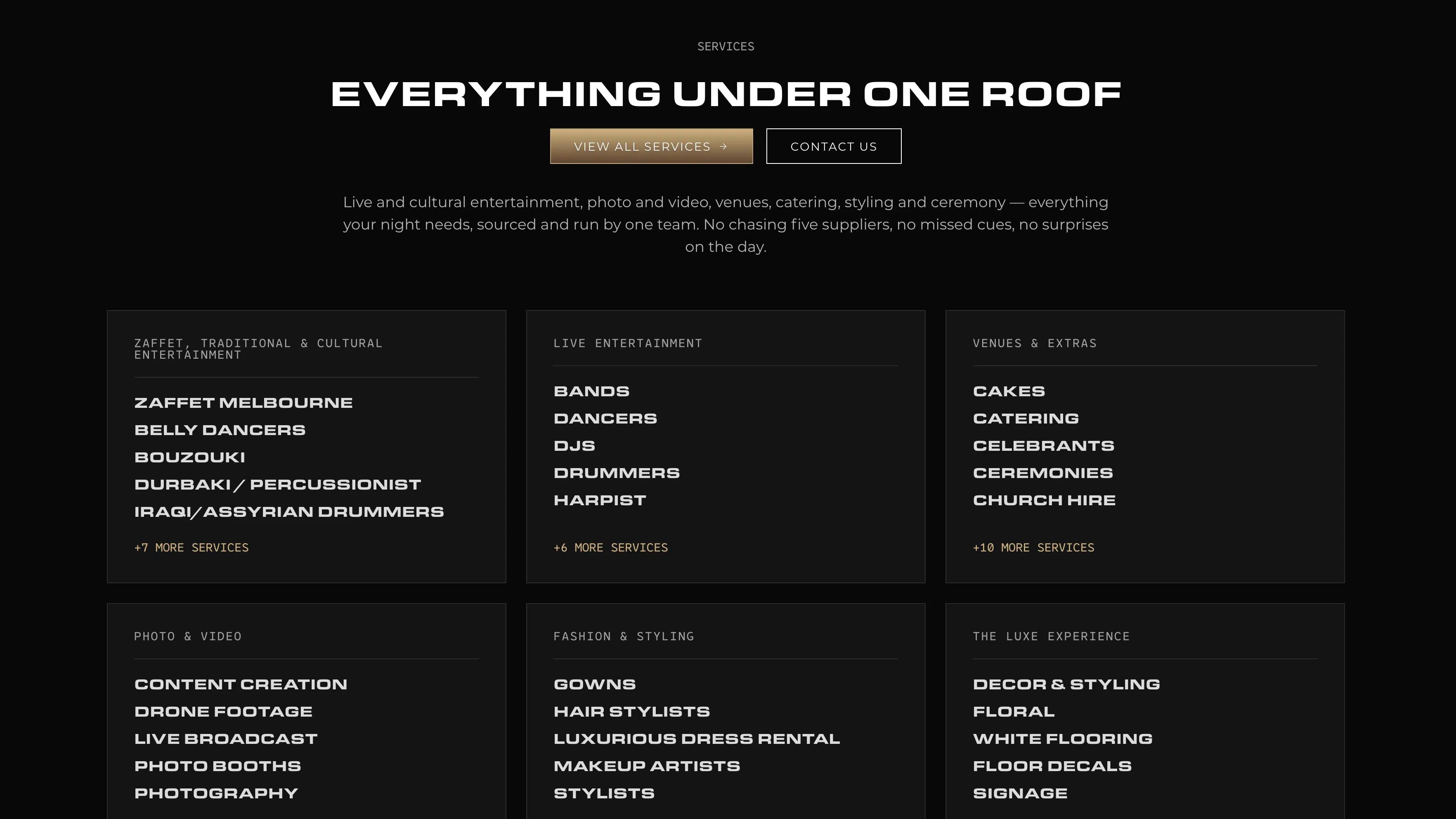 Next Selection services overview with six categories covering cultural and live entertainment, venues, photo and video, fashion and styling, and event decor.
