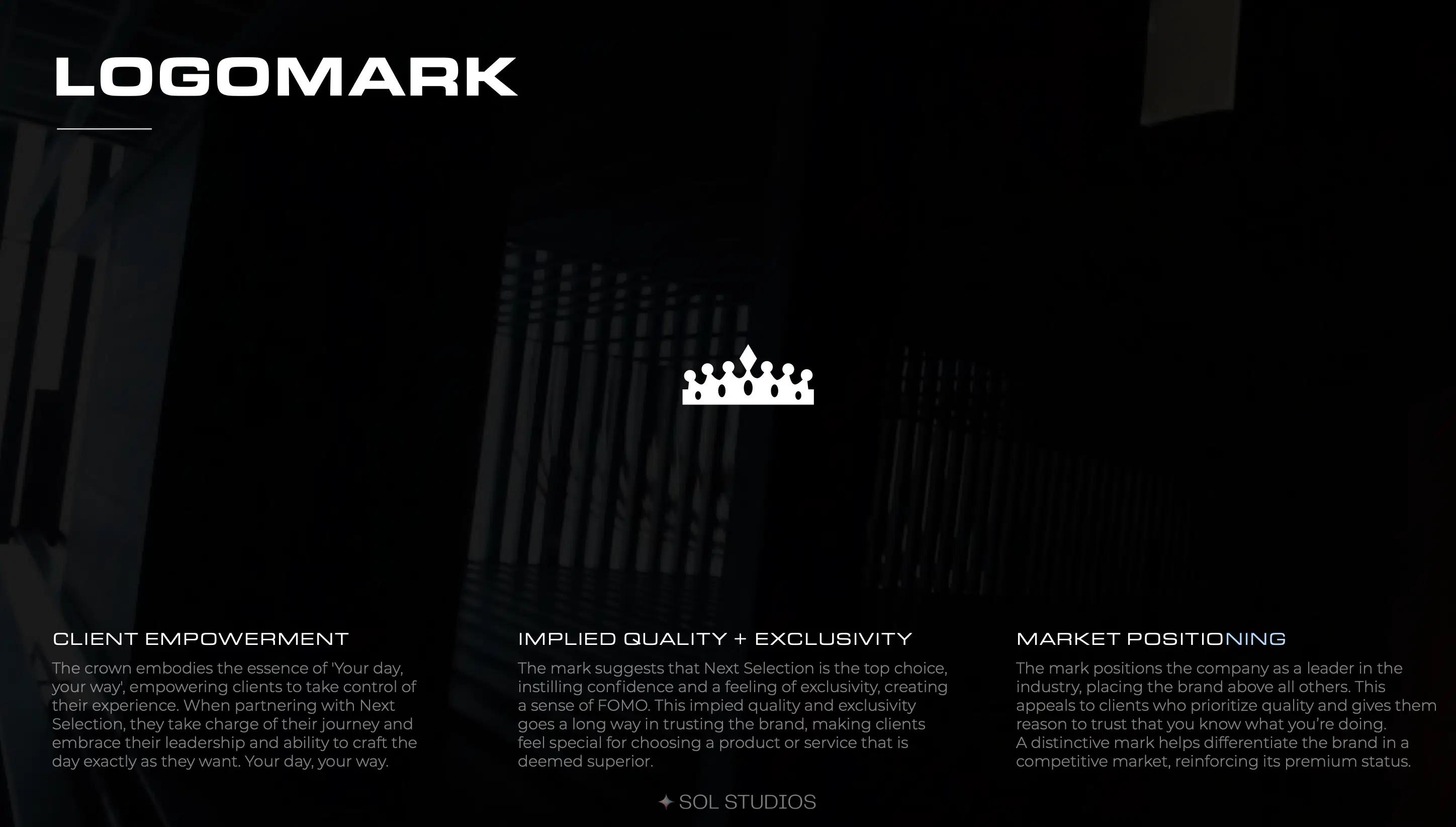 Next Selection crown logo with brand guide notes on client empowerment, quality and exclusivity, and market positioning.