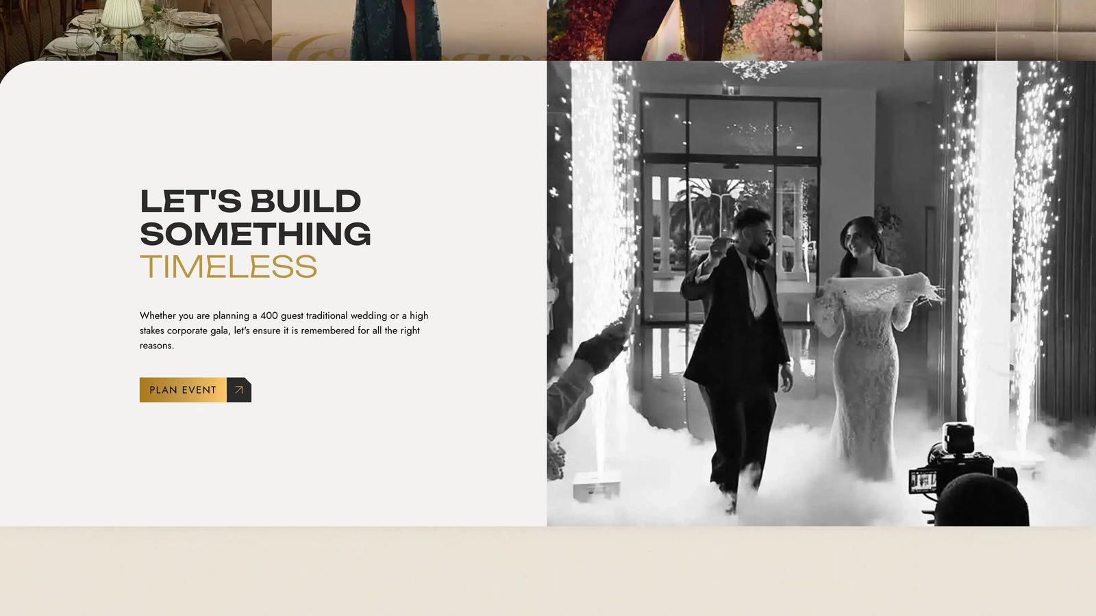 Valor Events website section pairing 'Let's build something timeless' with a newlywed couple entering through sparks and low fog.