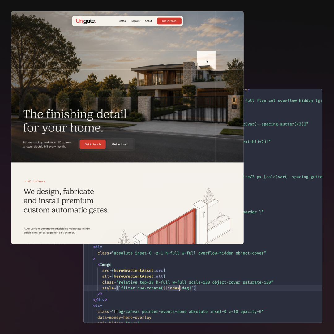 A finished Unigate website design layered over the code editor used to build it, showing SOL’s code-first development