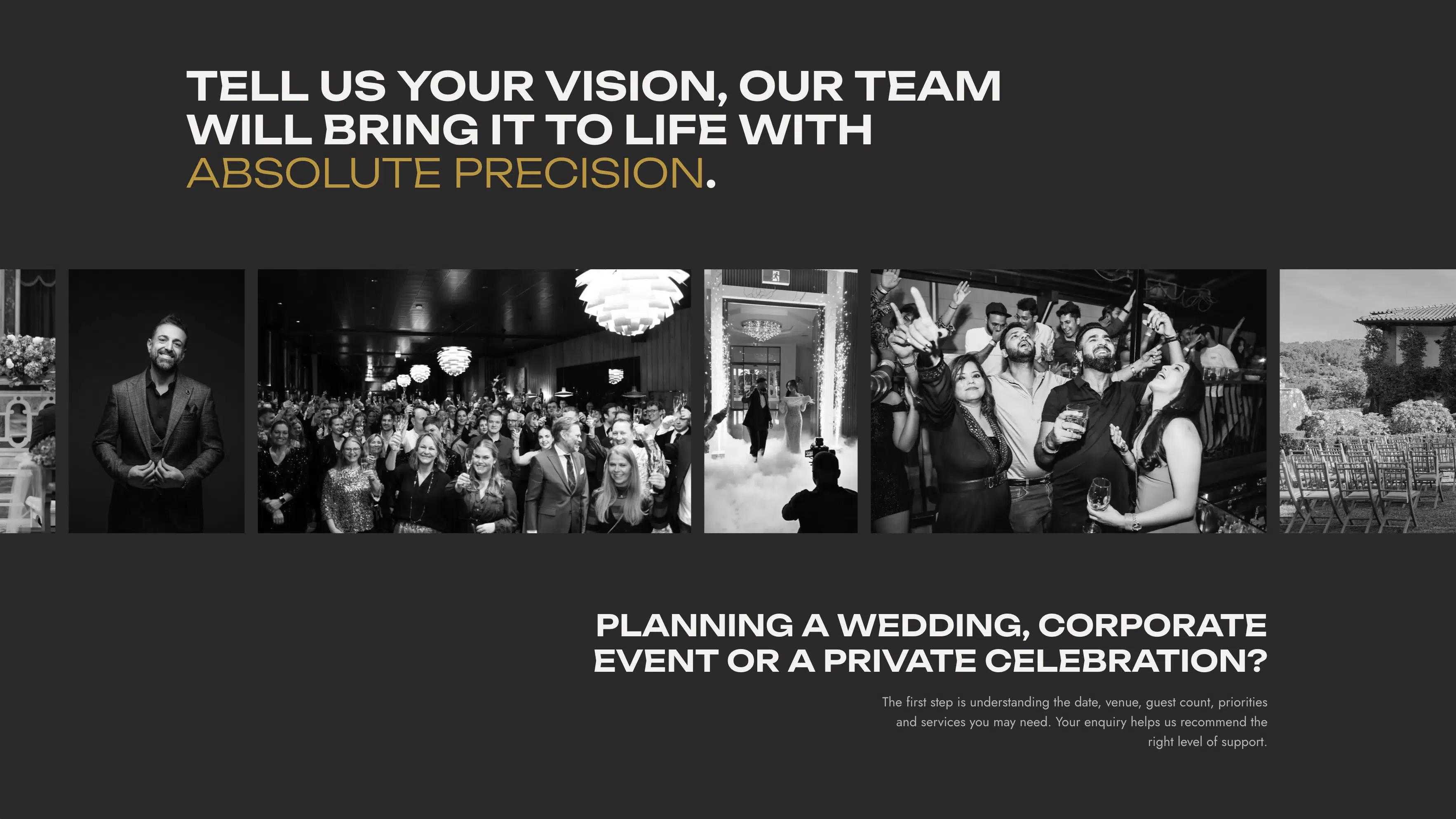 Valor Events contact page with a strip of event photographs beneath an invitation to share your event vision.