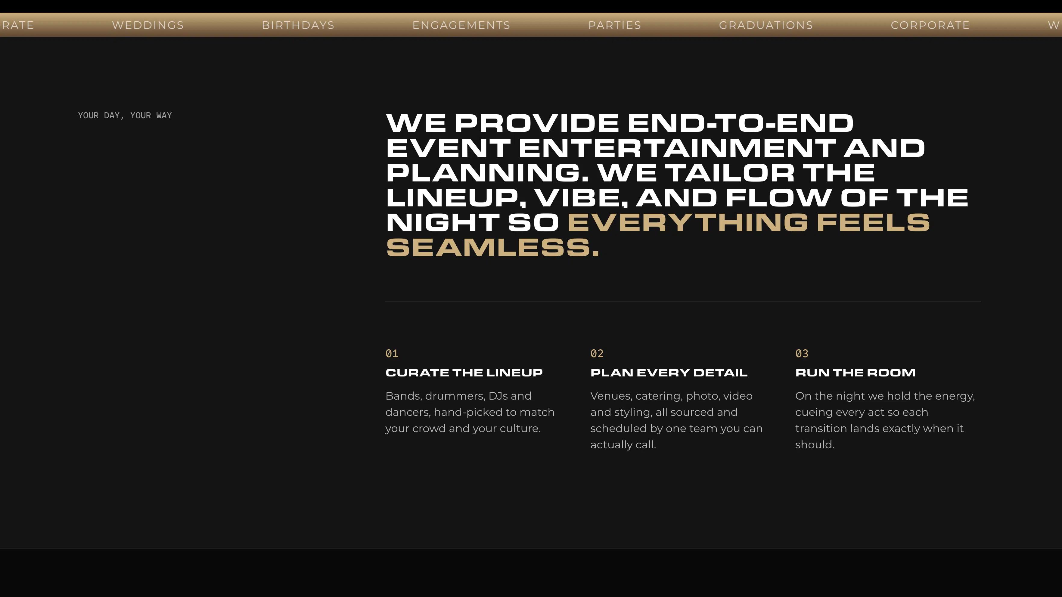 Next Selection homepage introduction with gold text accents and three planning stages: curate the lineup, plan every detail and run the room.