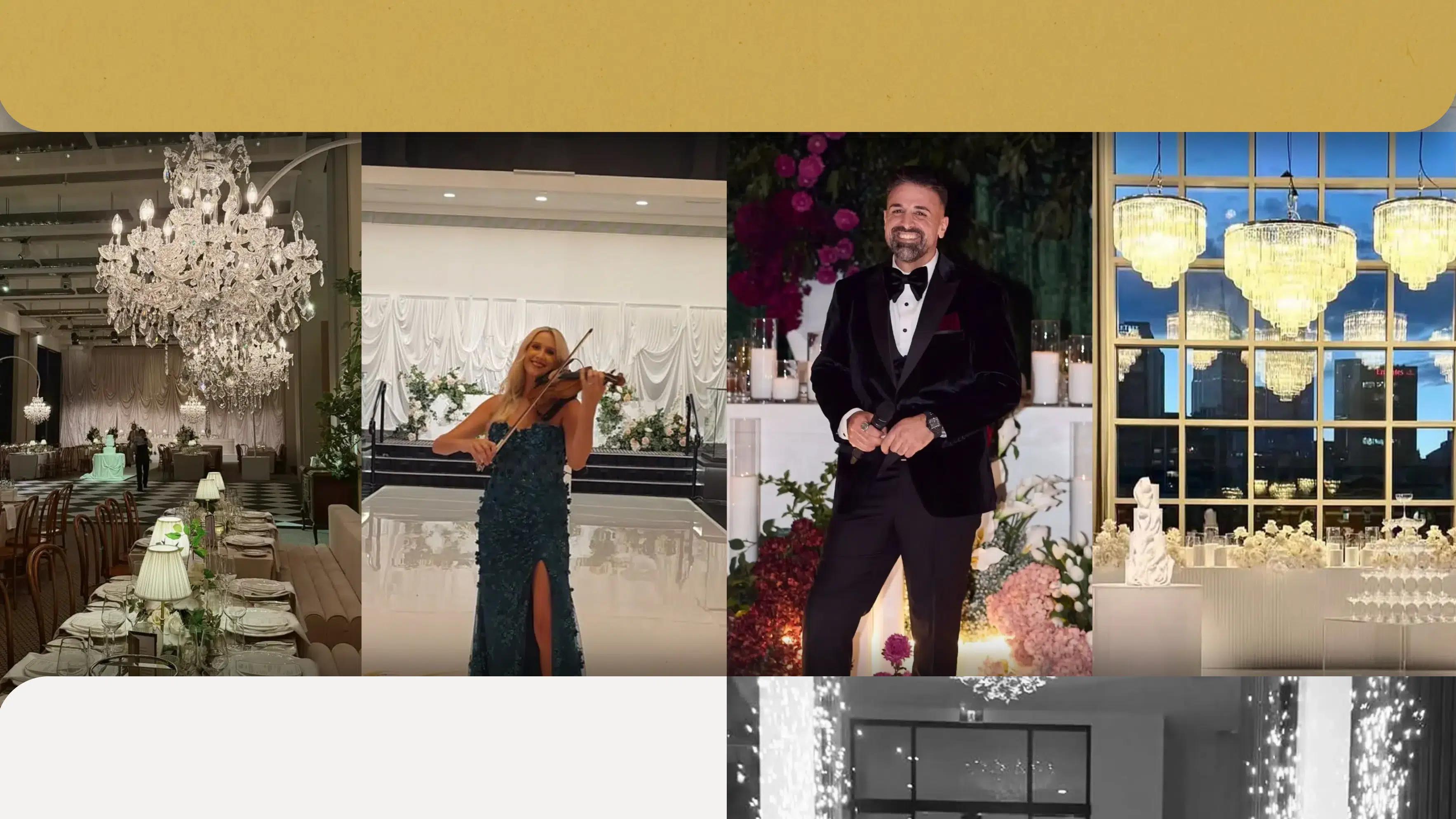Valor Events website gallery showing reception venues, a violinist and an MC between gold and cream page sections.