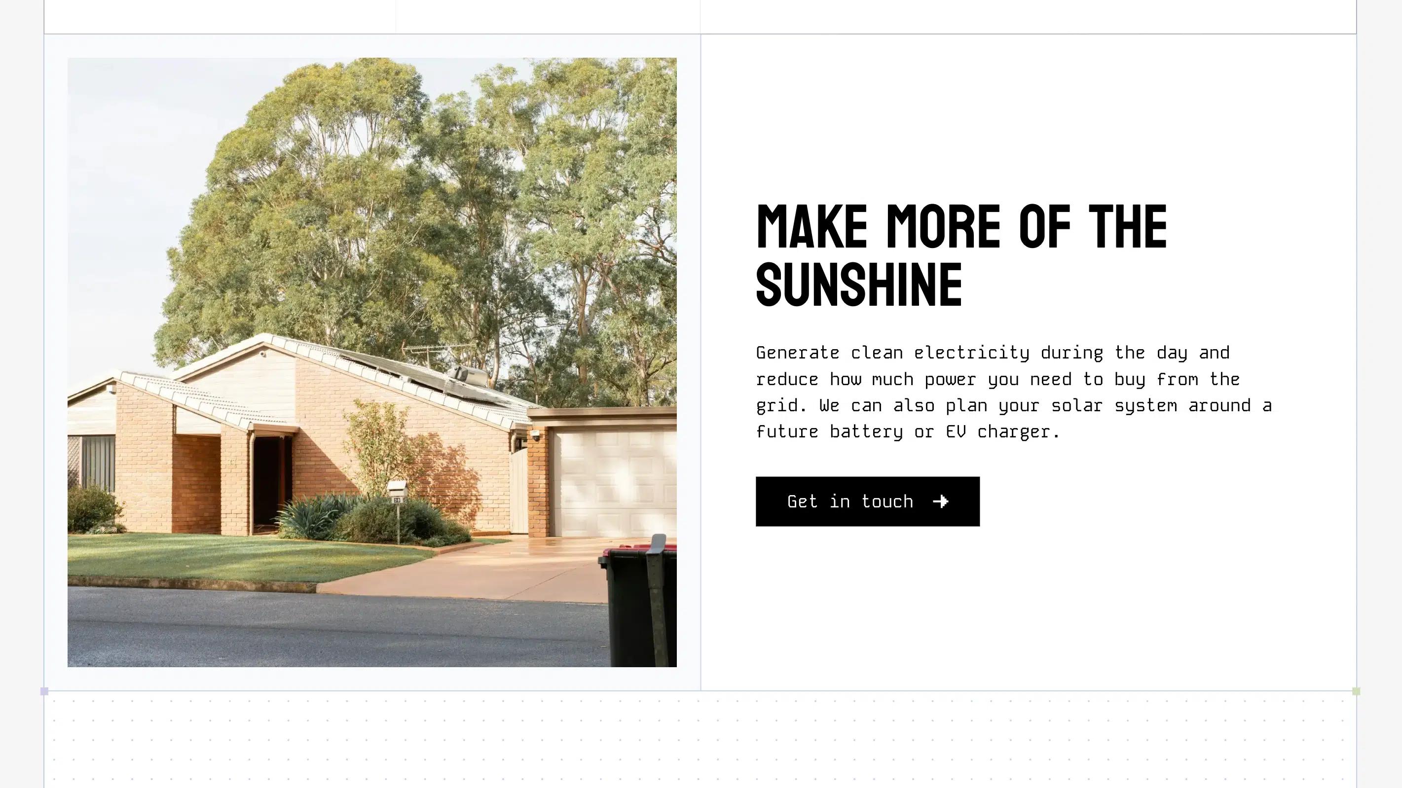 Jericho Energy "Make more of the sunshine" section with a house photograph, information about solar power and a contact button.