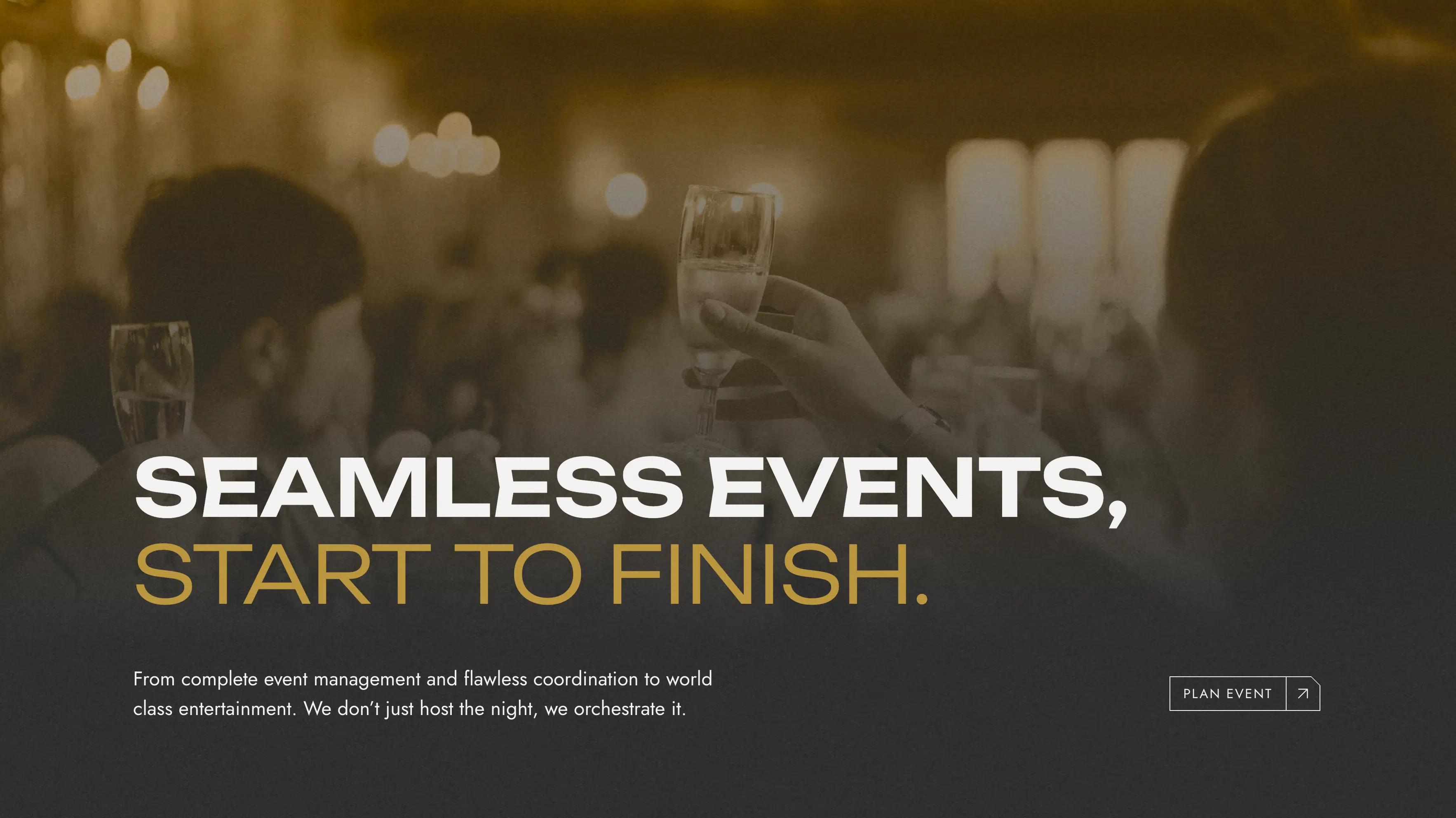 Valor Events homepage hero with guests raising champagne glasses behind the white and gold headline 'Seamless events, start to finish'.
