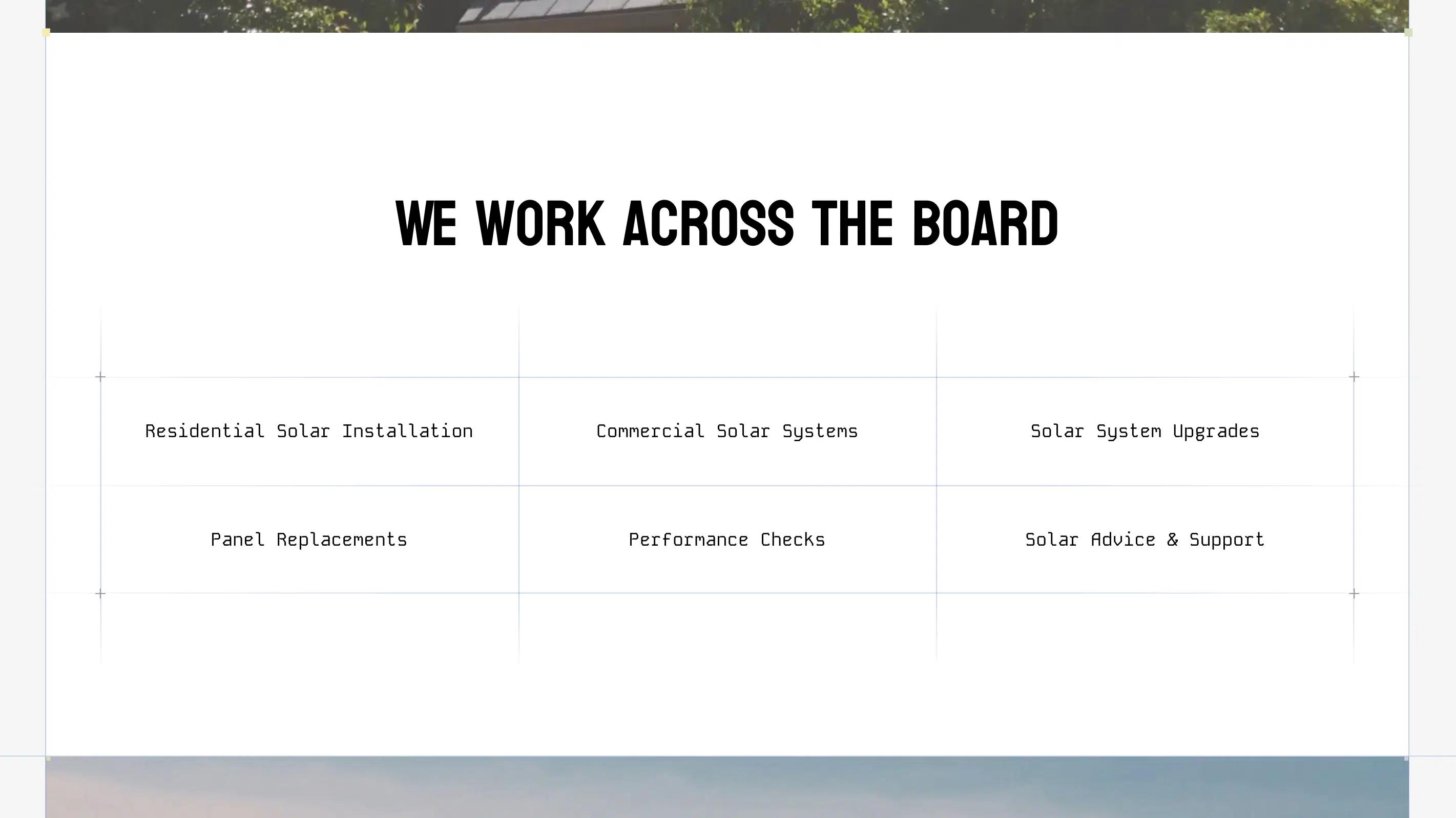 Jericho Energy solar services grid listing residential and commercial installations, system upgrades, panel replacements, performance checks and advice.