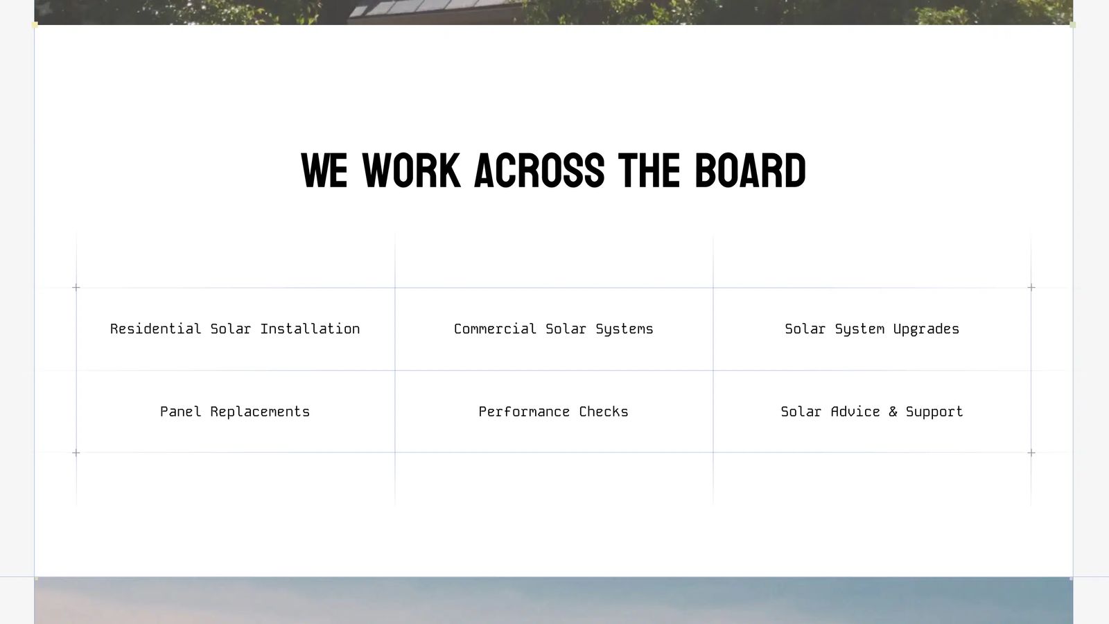 Jericho Energy solar services grid listing residential and commercial installations, system upgrades, panel replacements, performance checks and advice.