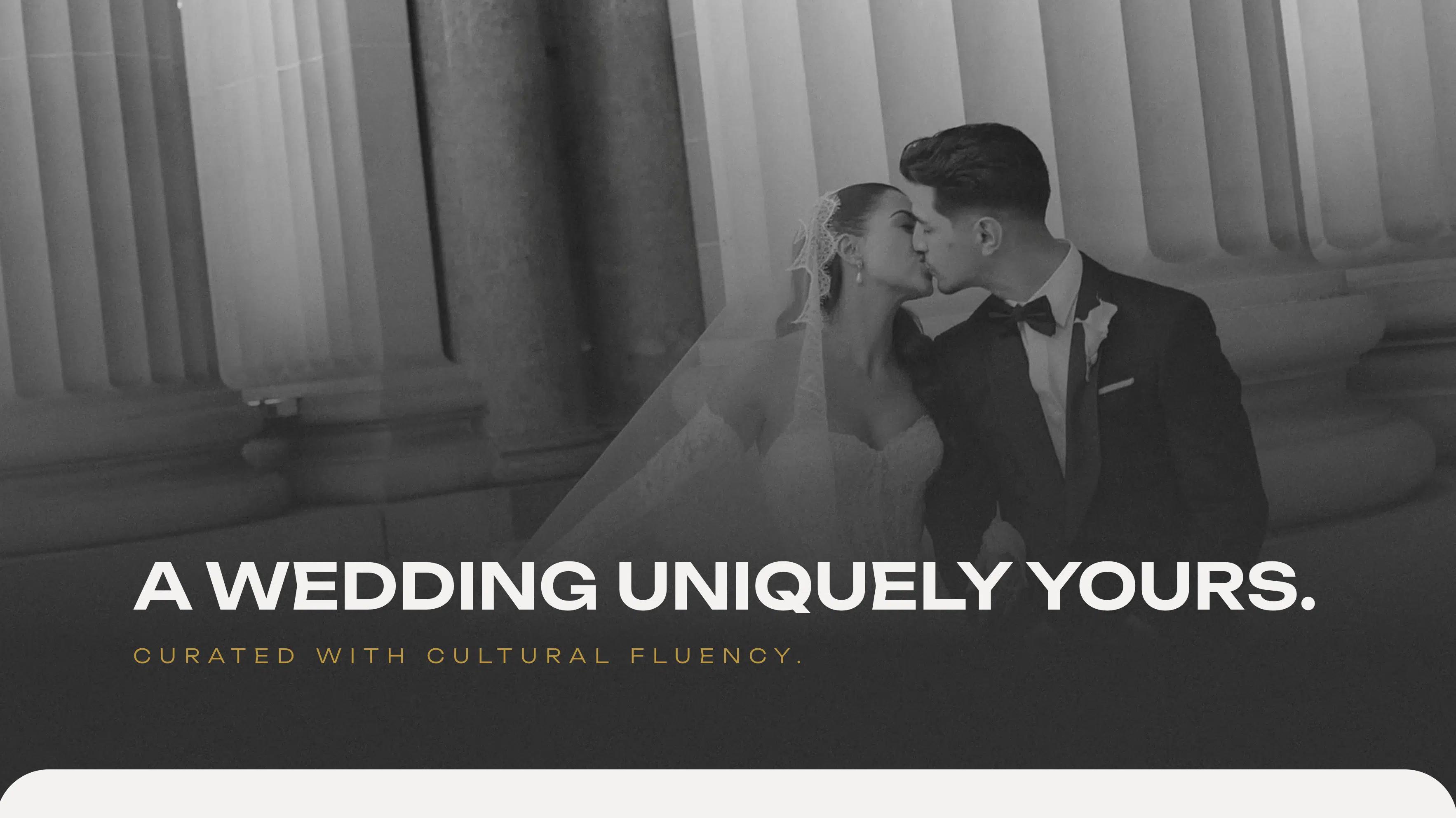 Valor Events wedding page hero with a black-and-white newlywed portrait and the headline 'A wedding uniquely yours'.