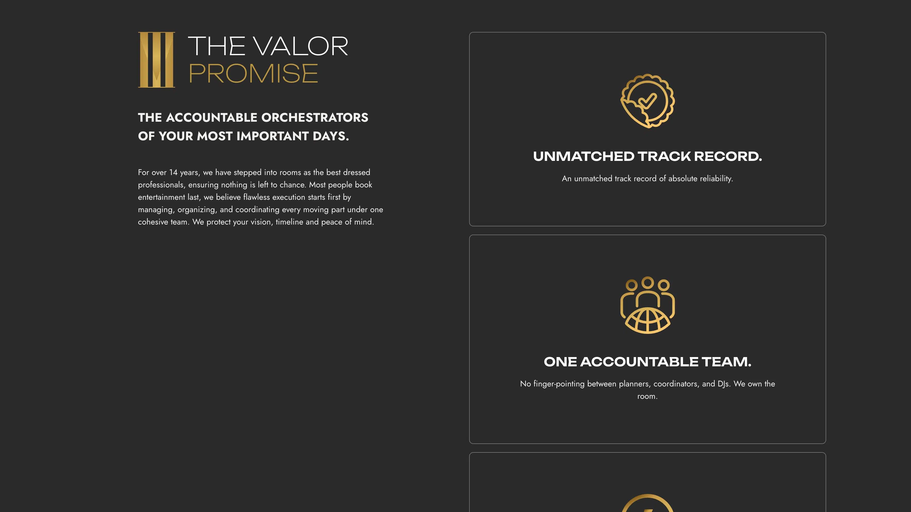 The Valor Promise website section with gold line icons and outlined cards for the team's track record and accountability.
