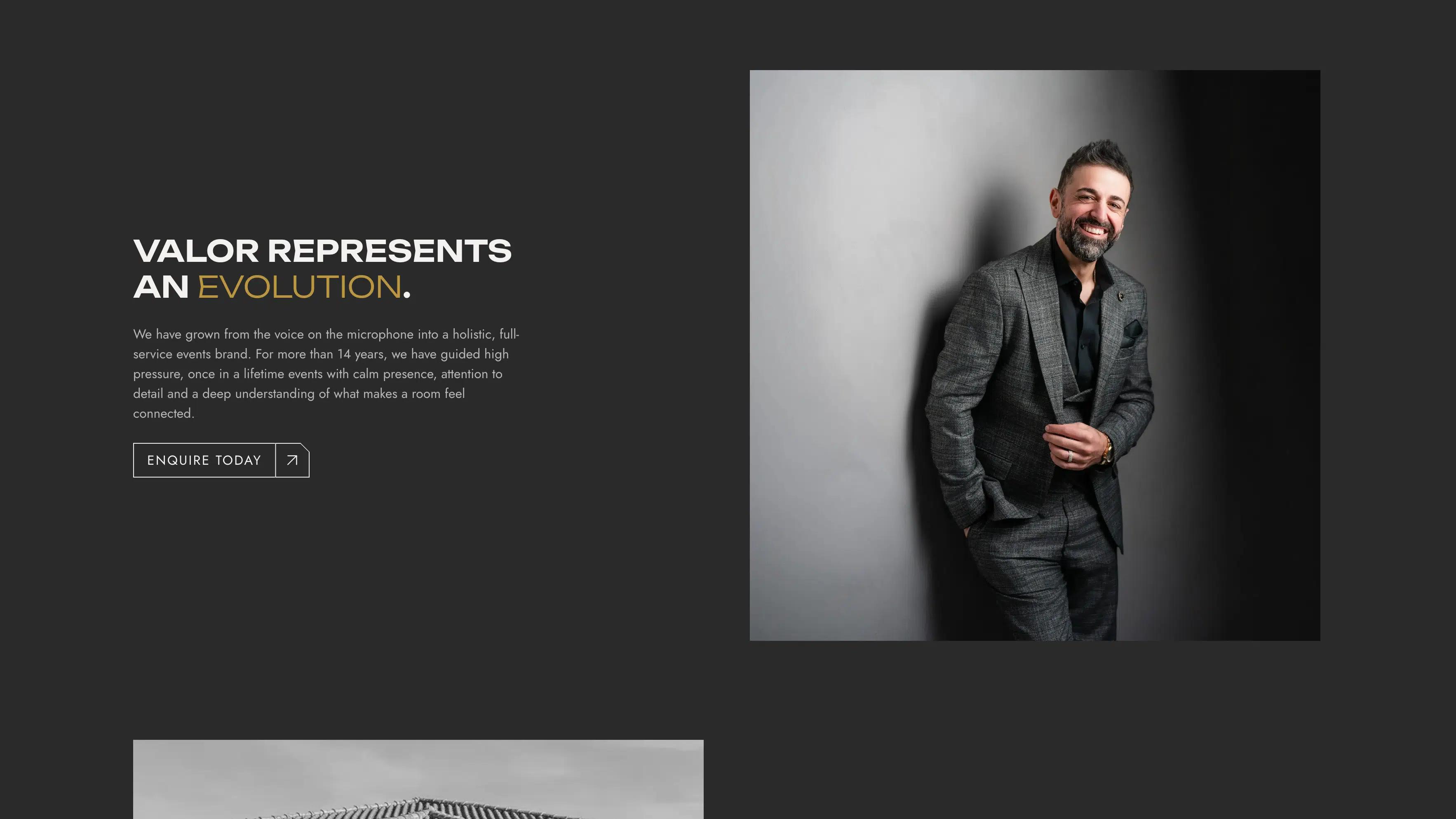 Valor Events about page with 'Valor represents an evolution' beside a portrait of a smiling man in a grey suit.