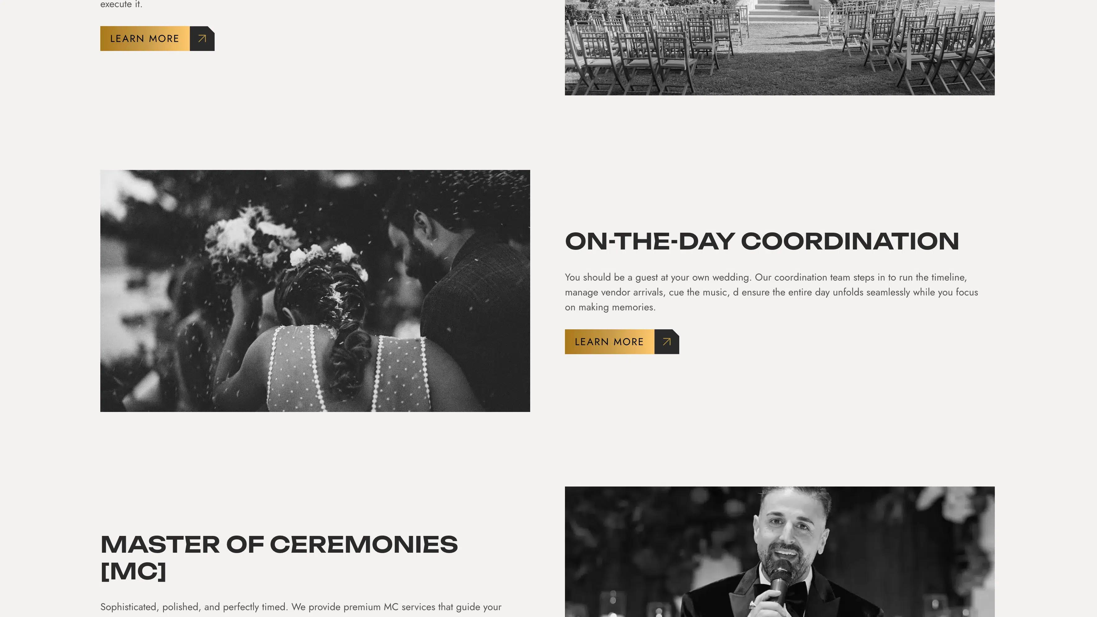 Valor Events wedding services page pairing black-and-white photography with on-the-day coordination and master of ceremonies services.