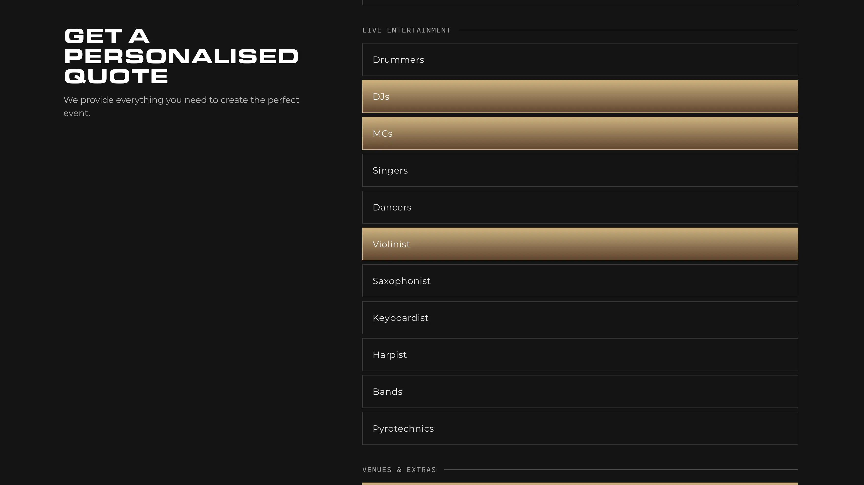 Next Selection quote form with DJs, MCs and violinist services selected in gold within the live entertainment list.