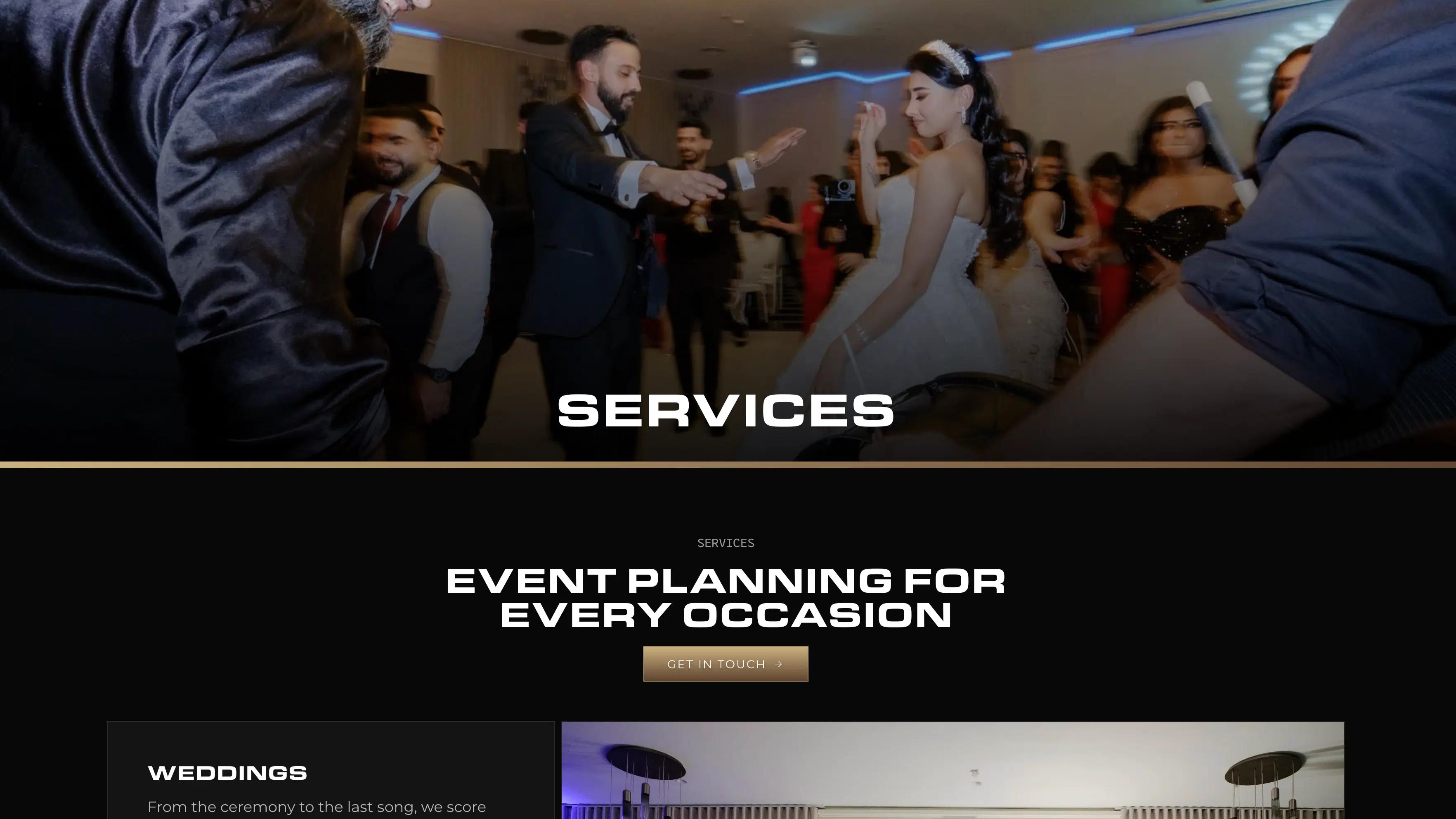 Next Selection services page with a wedding dance floor banner and an introduction to event planning for every occasion.