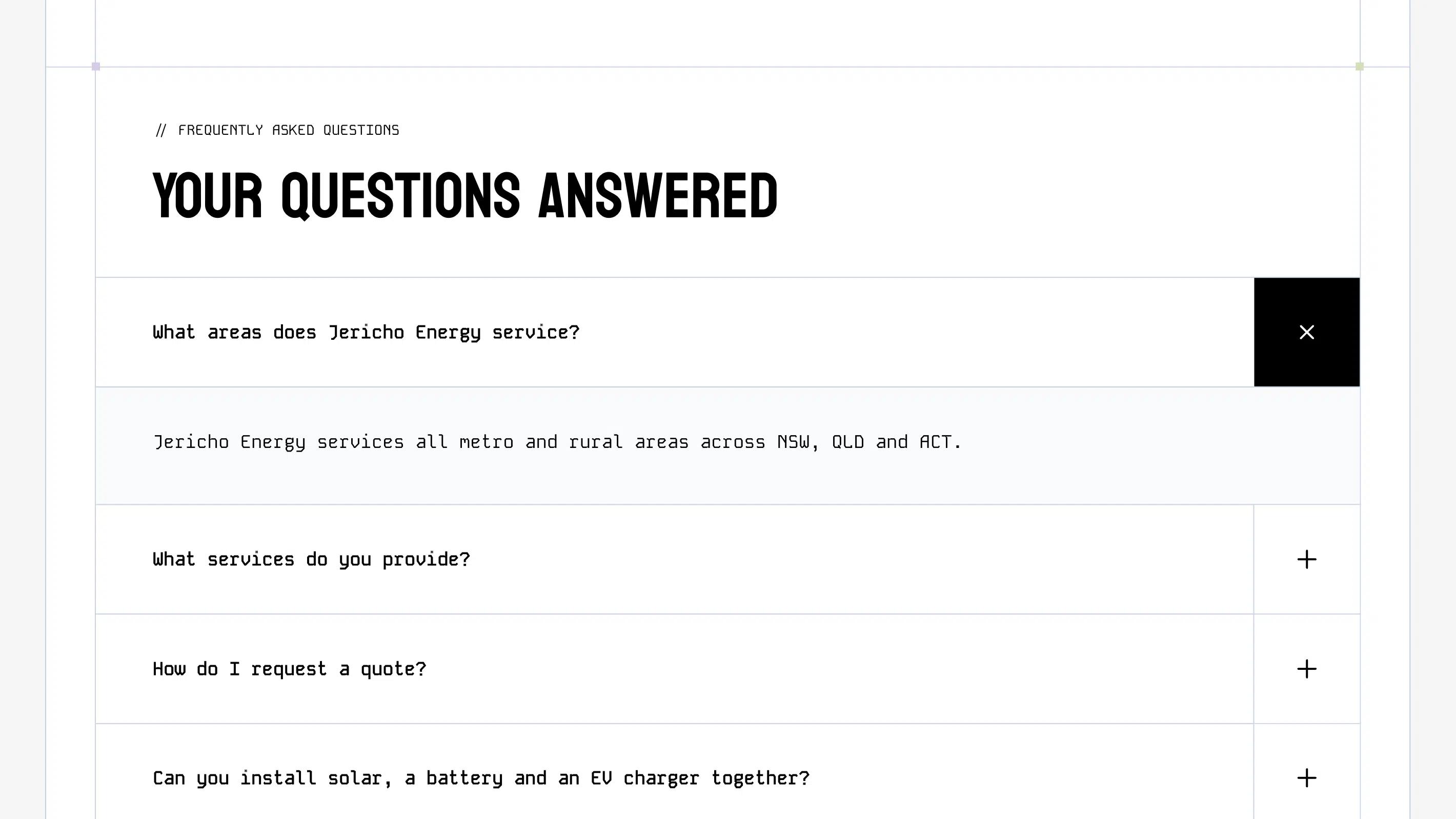 Jericho Energy frequently asked questions with the service area answer expanded and other questions collapsed.