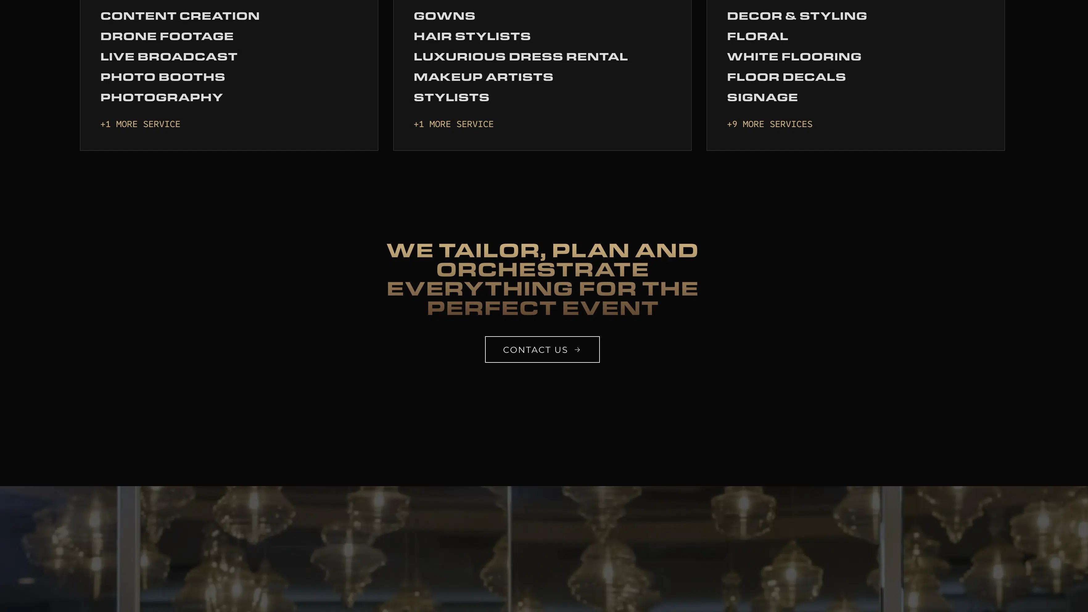 Next Selection services section ending with a gold event planning statement and a Contact us button above wedding imagery.