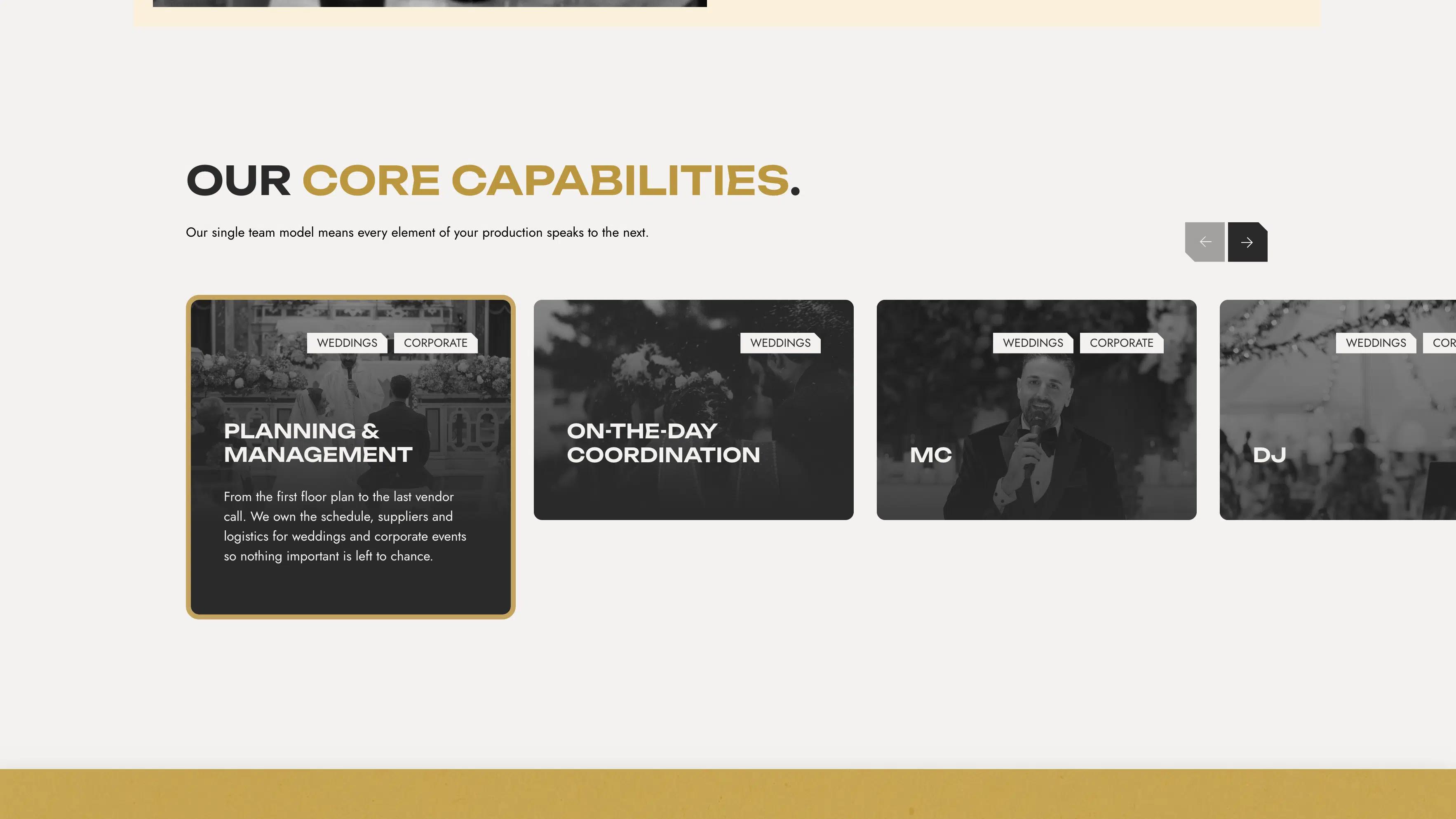 Valor Events website service cards for planning and management, on-the-day coordination, MC and DJ beneath 'Our core capabilities'.