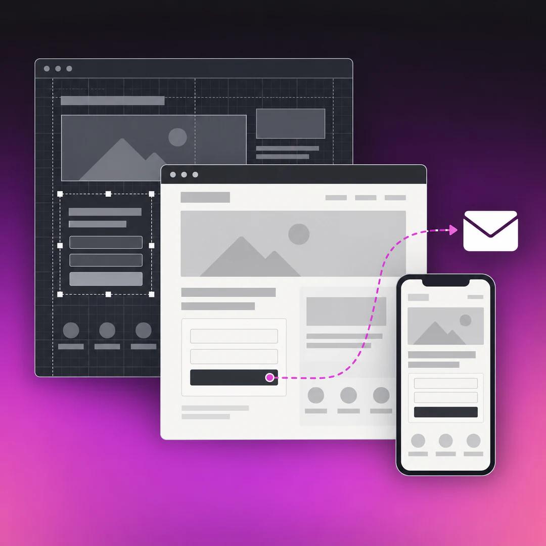 A design canvas sits behind the same page in a browser and mobile view, with a form connected to an enquiry recipient.