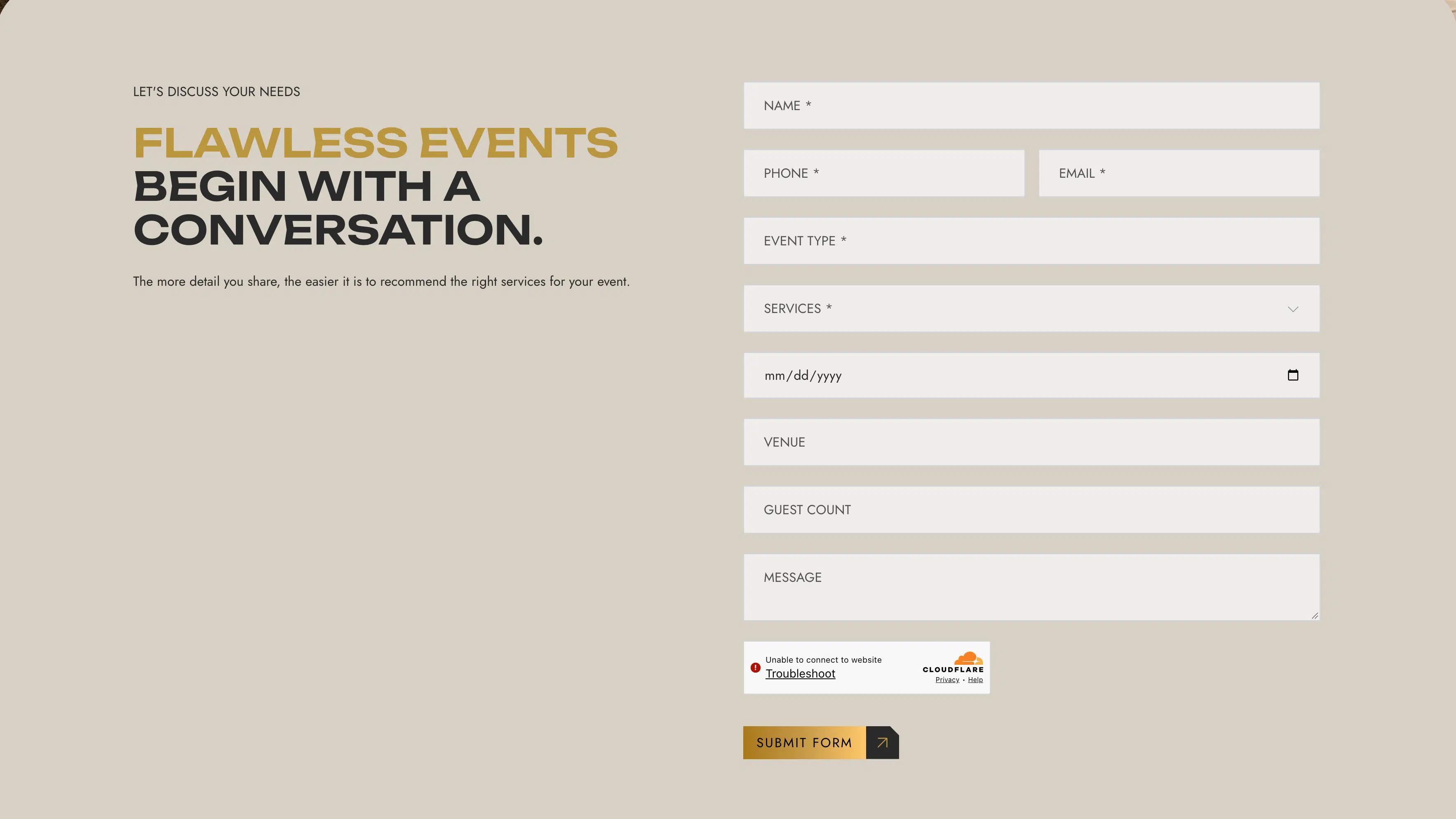 Valor Events enquiry form on a cream background, with contact details and event fields beside 'Flawless events begin with a conversation'.
