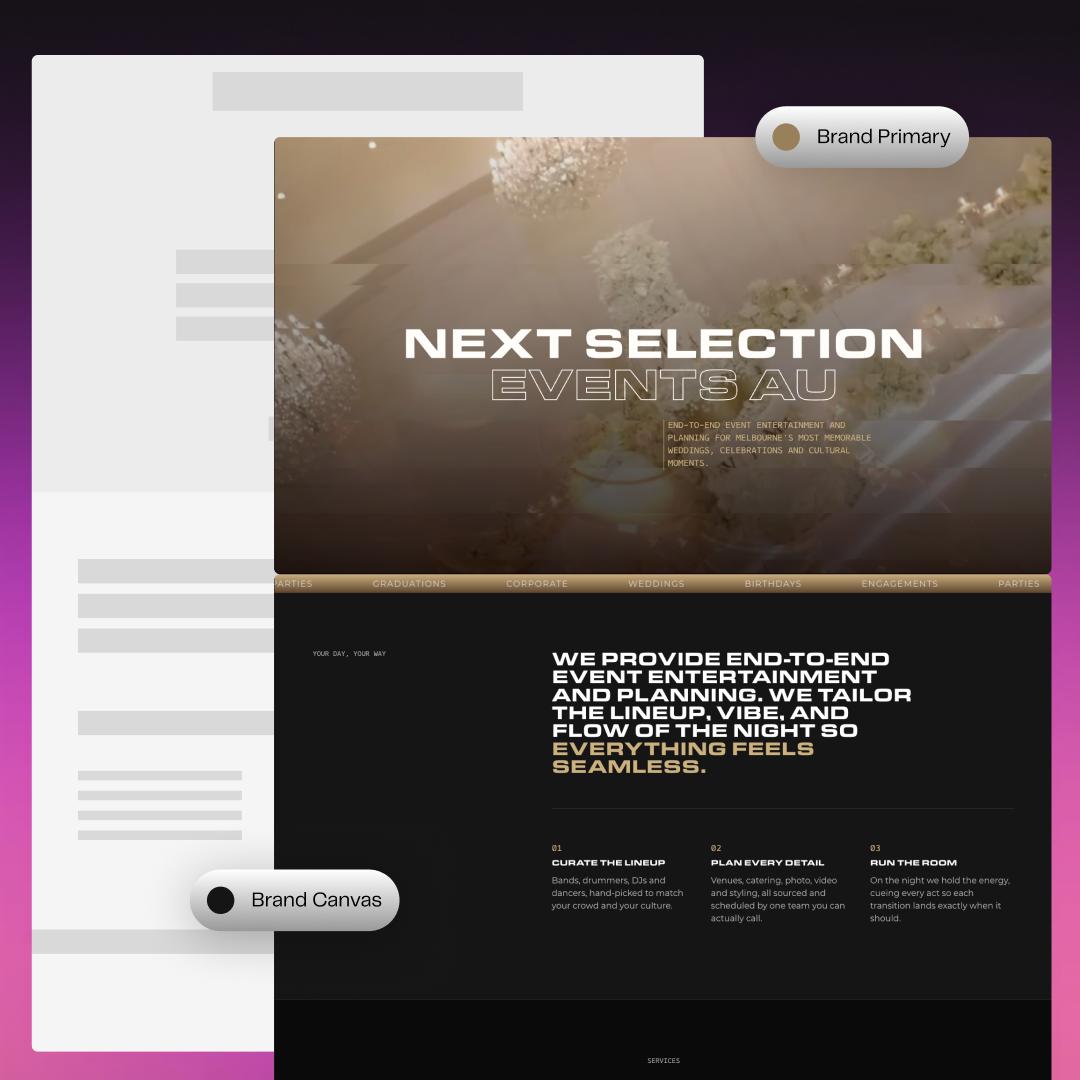 Next Selection Events AU website design layered over its wireframe, with brand colour callouts.