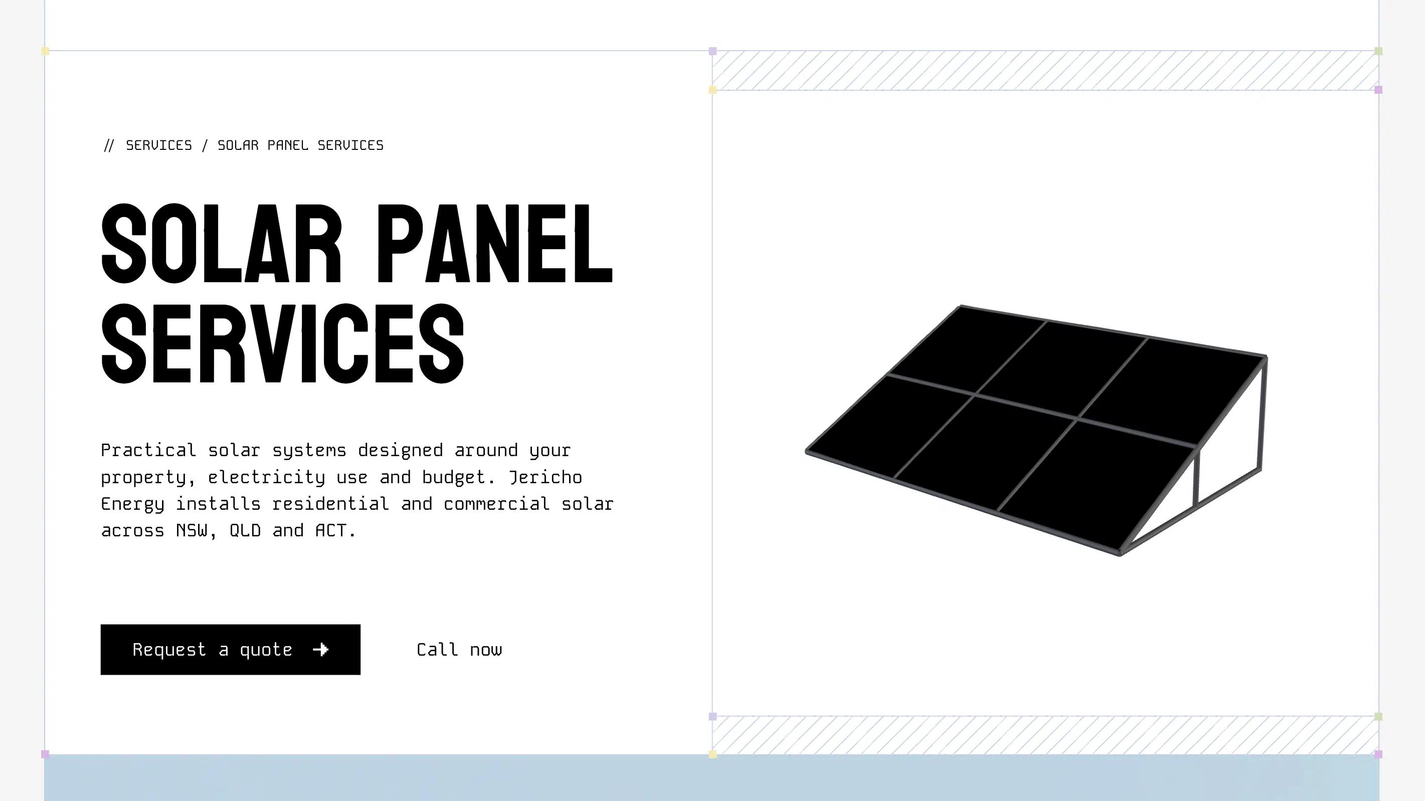 Jericho Energy solar panel services page hero with a three-dimensional solar panel illustration and a request a quote button.