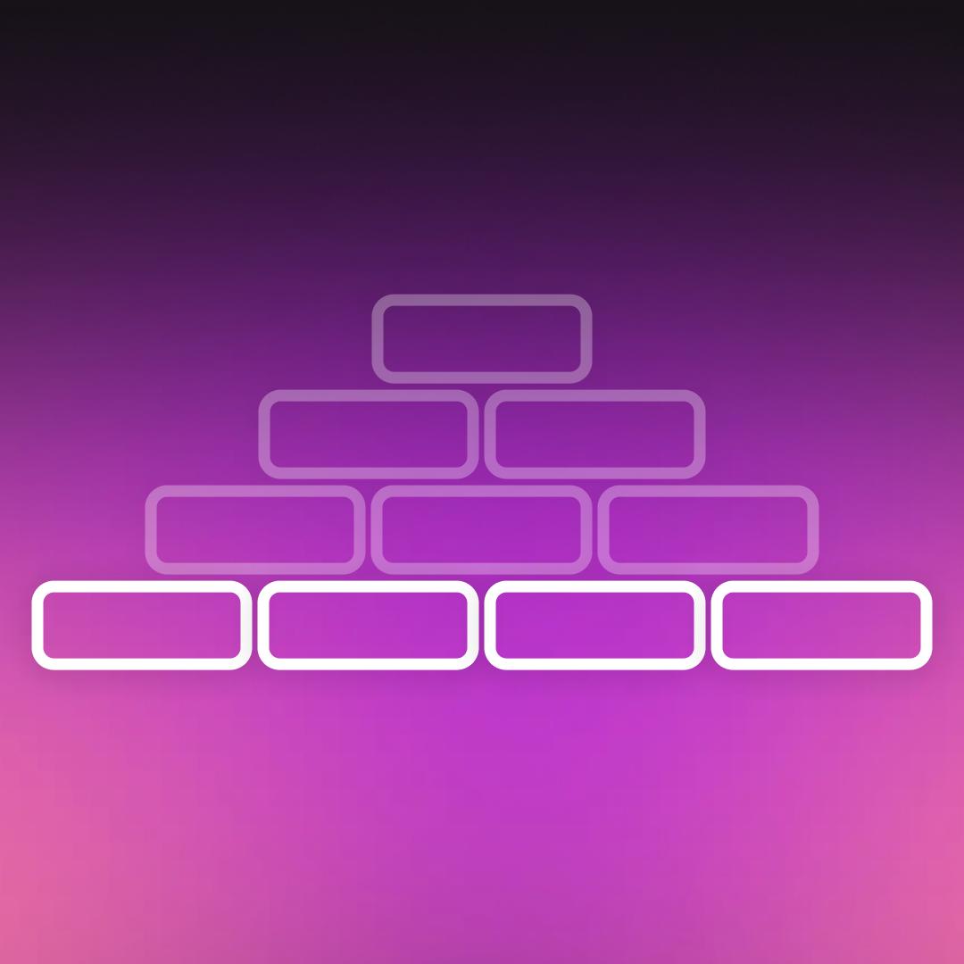 Diagram of a layered organisational structure built on four bottom-level foundations, labelled, with additional tiers above.