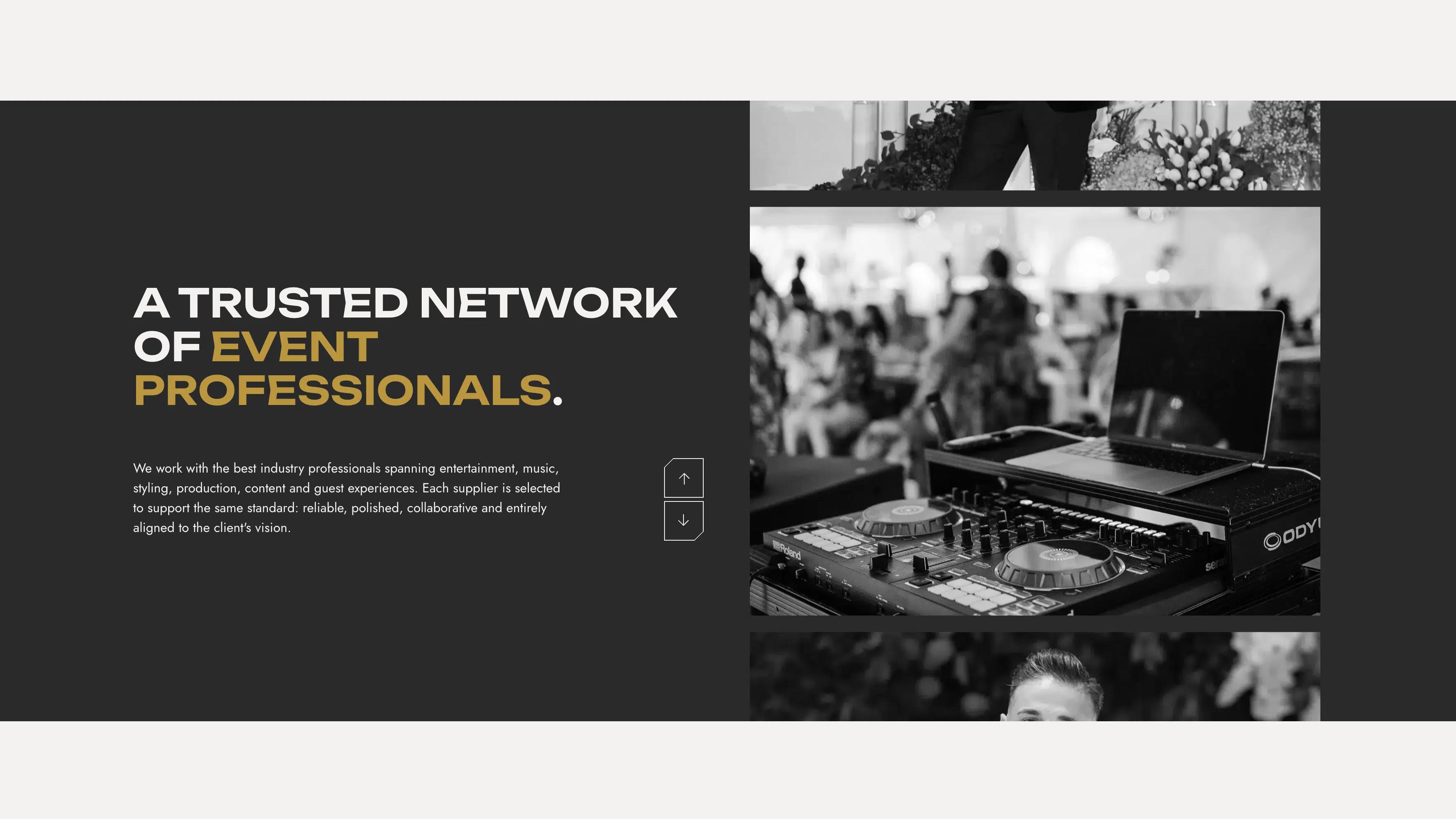 Valor Events website section titled 'A trusted network of event professionals' beside black-and-white photos of performers and DJ equipment.