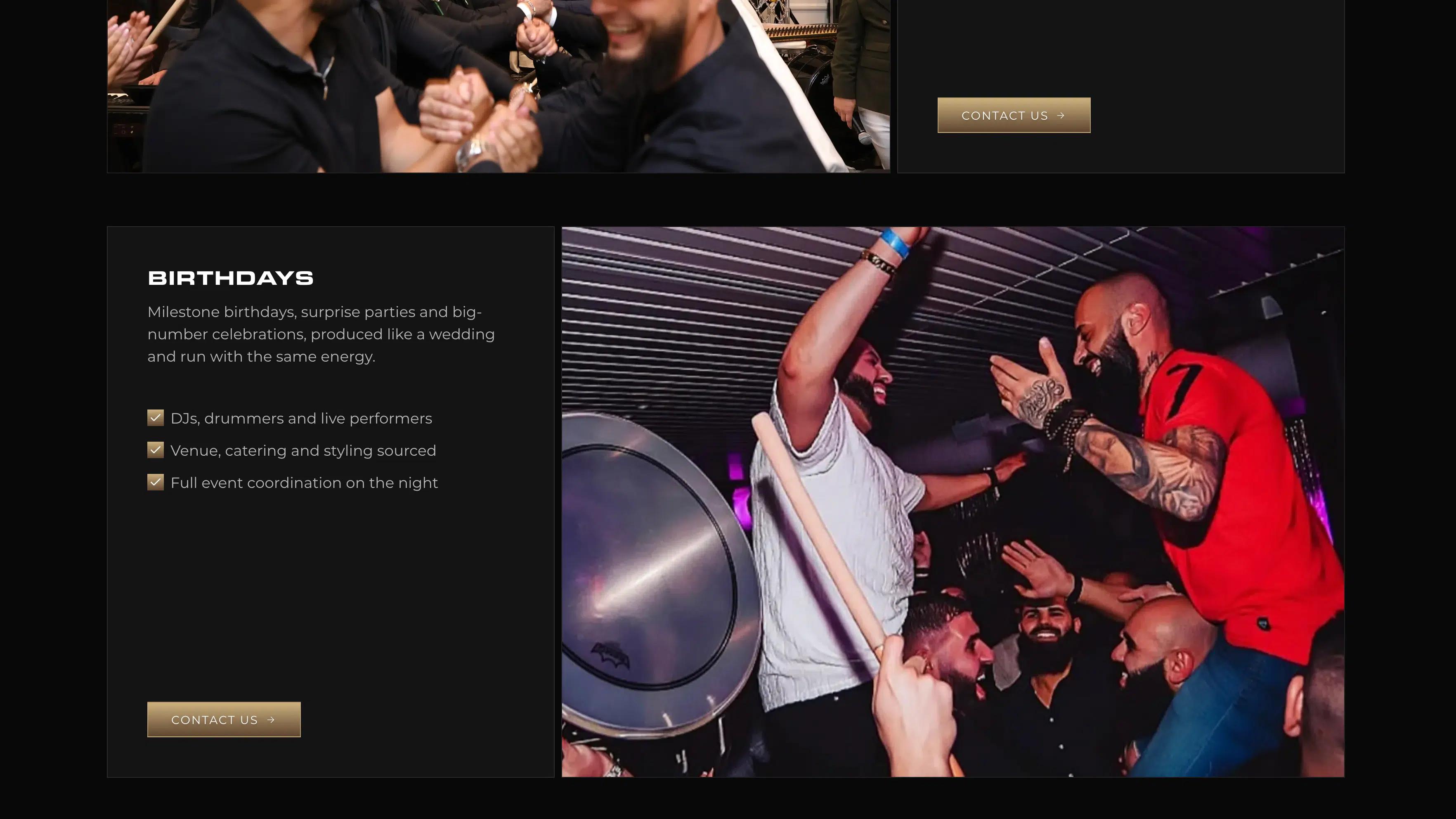 Next Selection birthday event planning section beside a photograph of a drummer and guests celebrating on the dance floor.