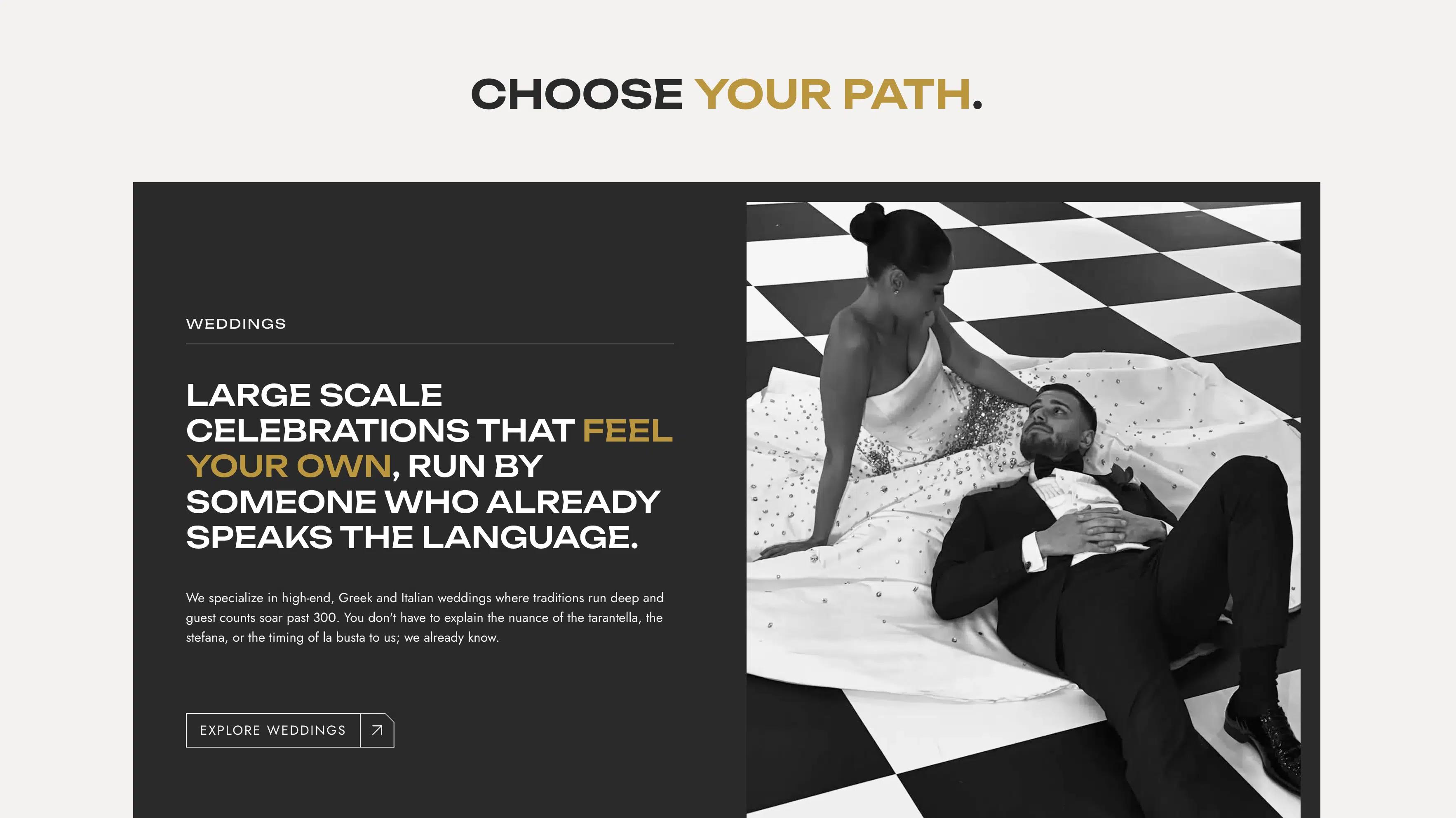Valor Events 'Choose your path' section with a wedding services card and a newlywed couple seated on a black-and-white tiled floor.