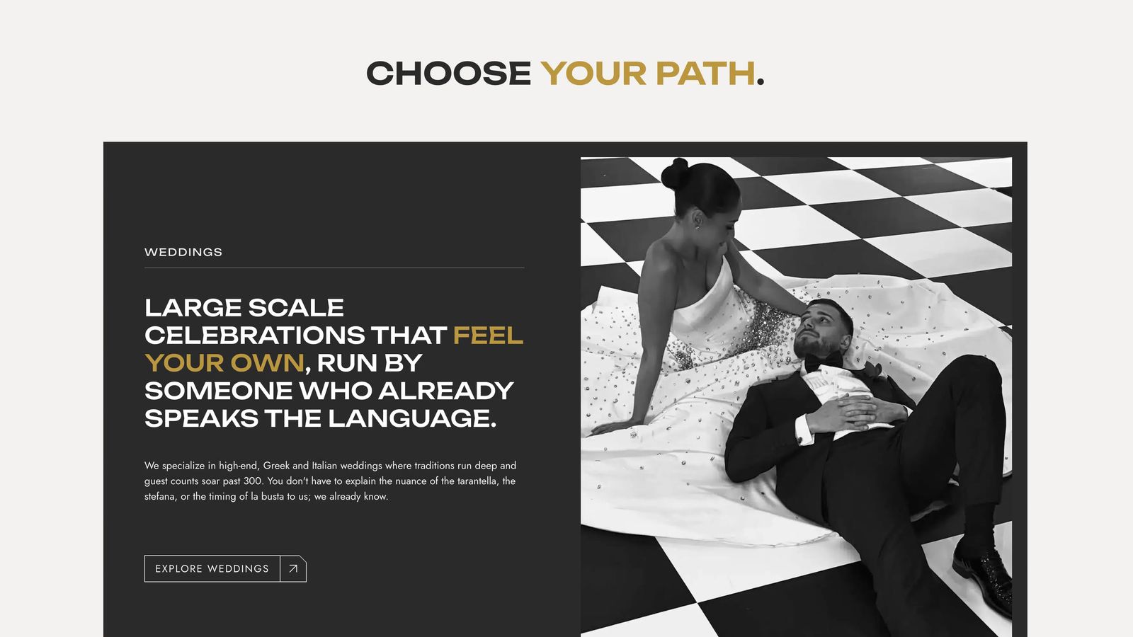 Valor Events 'Choose your path' section with a wedding services card and a newlywed couple seated on a black-and-white tiled floor.