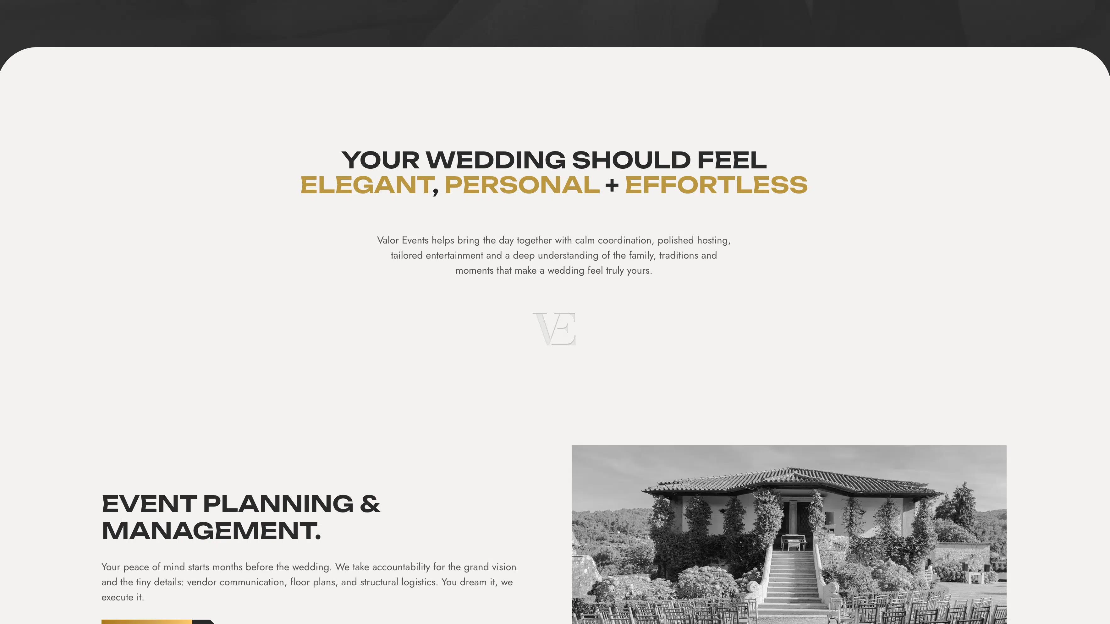 Valor Events wedding page with the heading 'Your wedding should feel elegant, personal + effortless' above event planning and venue photography.