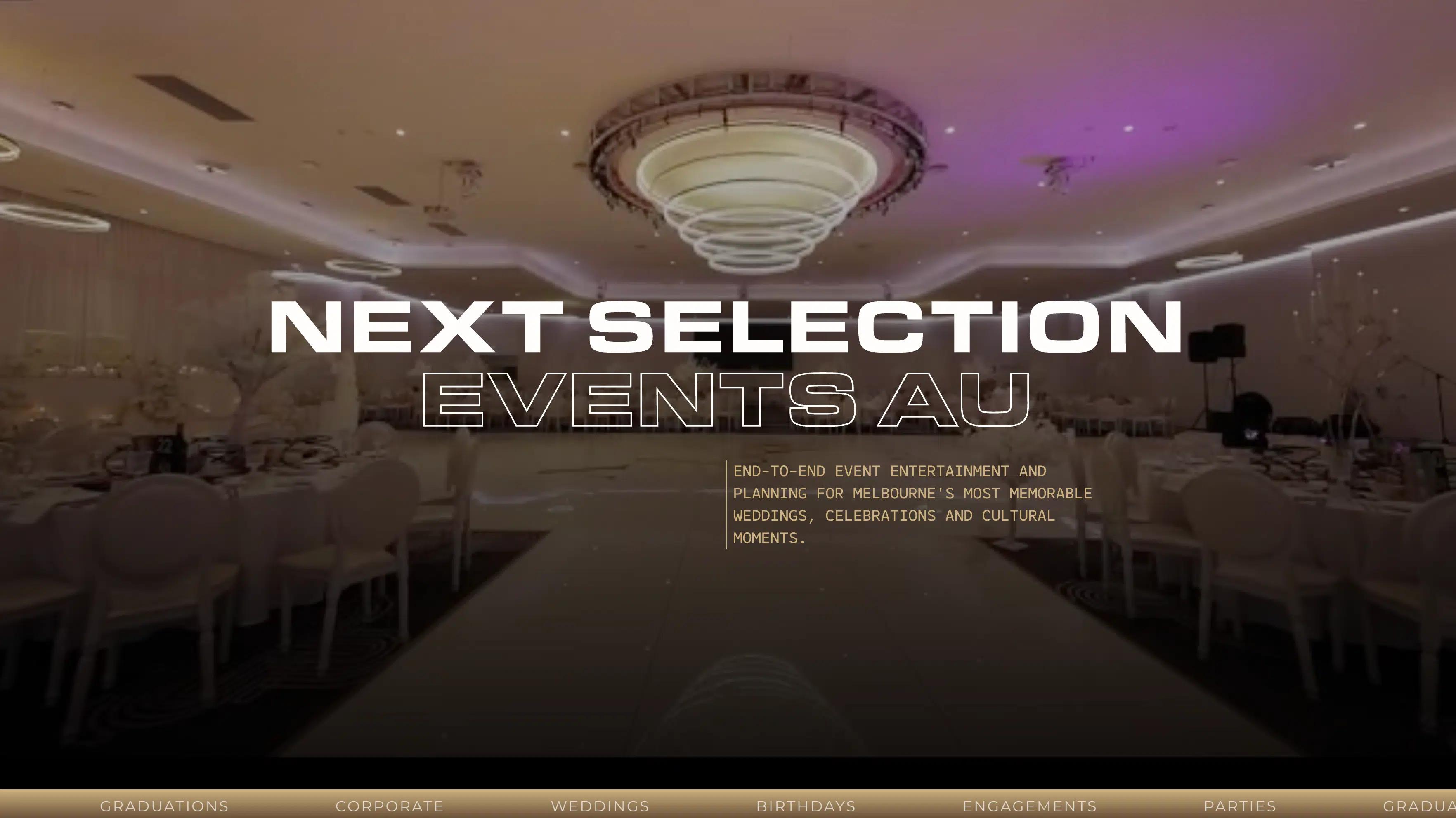 Next Selection Events AU homepage hero with large white lettering over a wedding reception venue and a gold event category strip.