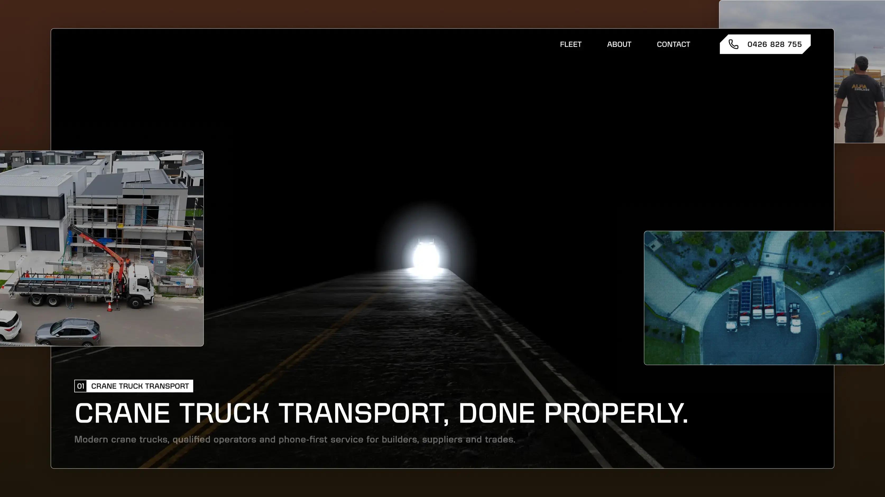 Alfa Haulage crane truck transport page featuring a 3D road scene and photographs of trucks working on site.