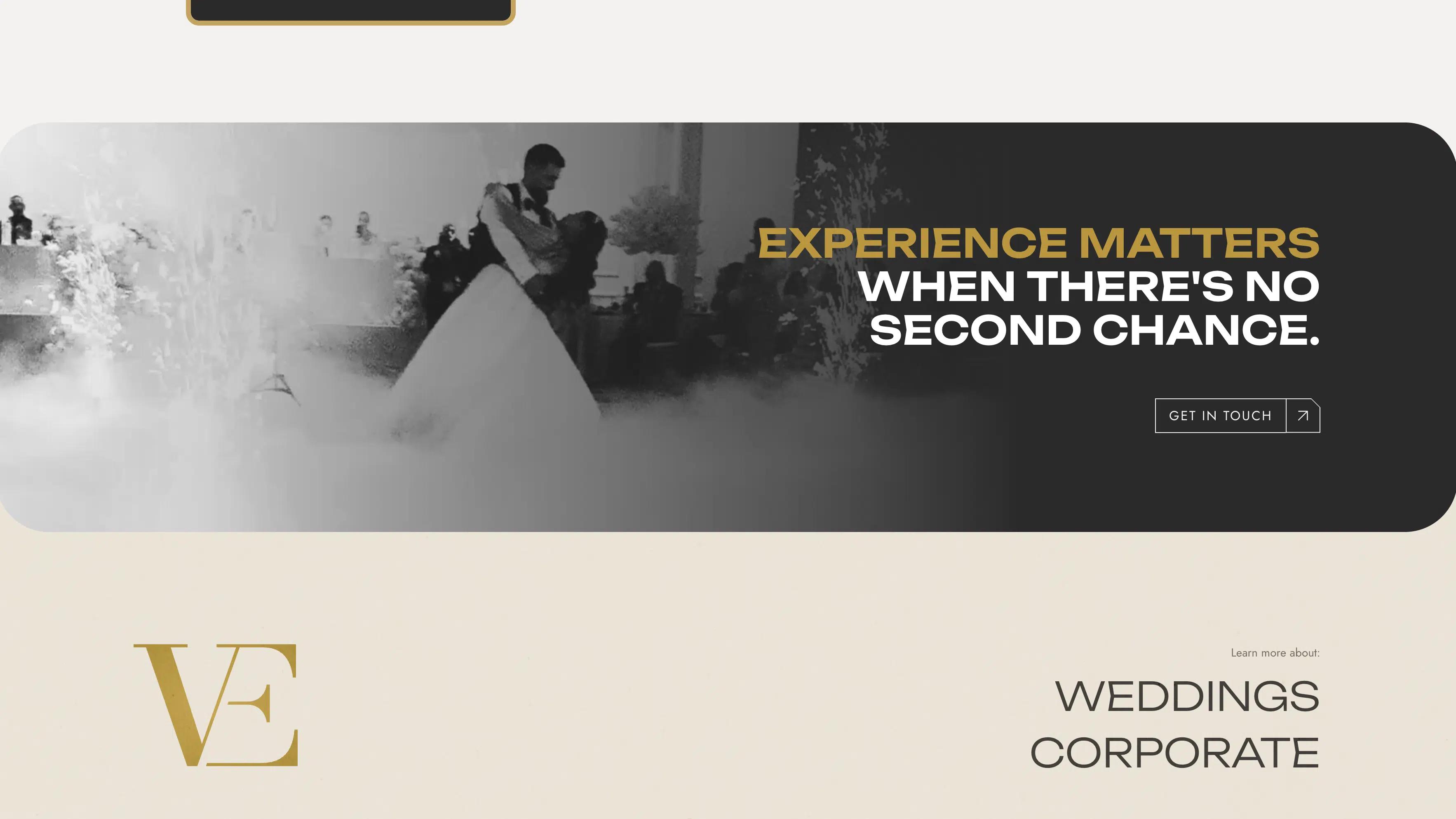 Valor Events contact banner with a couple dancing in low fog above a cream footer with the gold VE monogram.