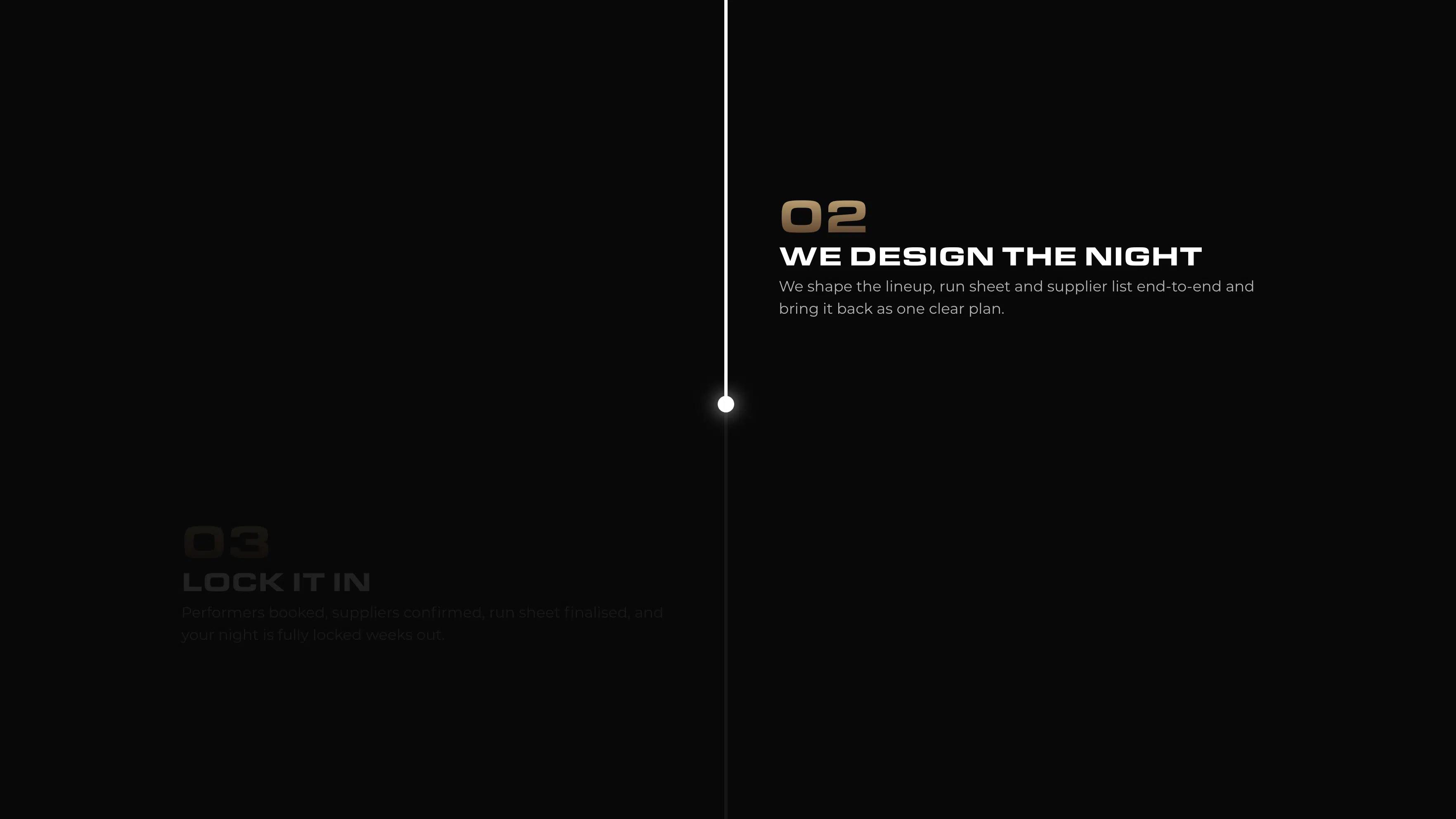Next Selection planning timeline with a glowing vertical line highlighting "We design the night", followed by "Lock it in".