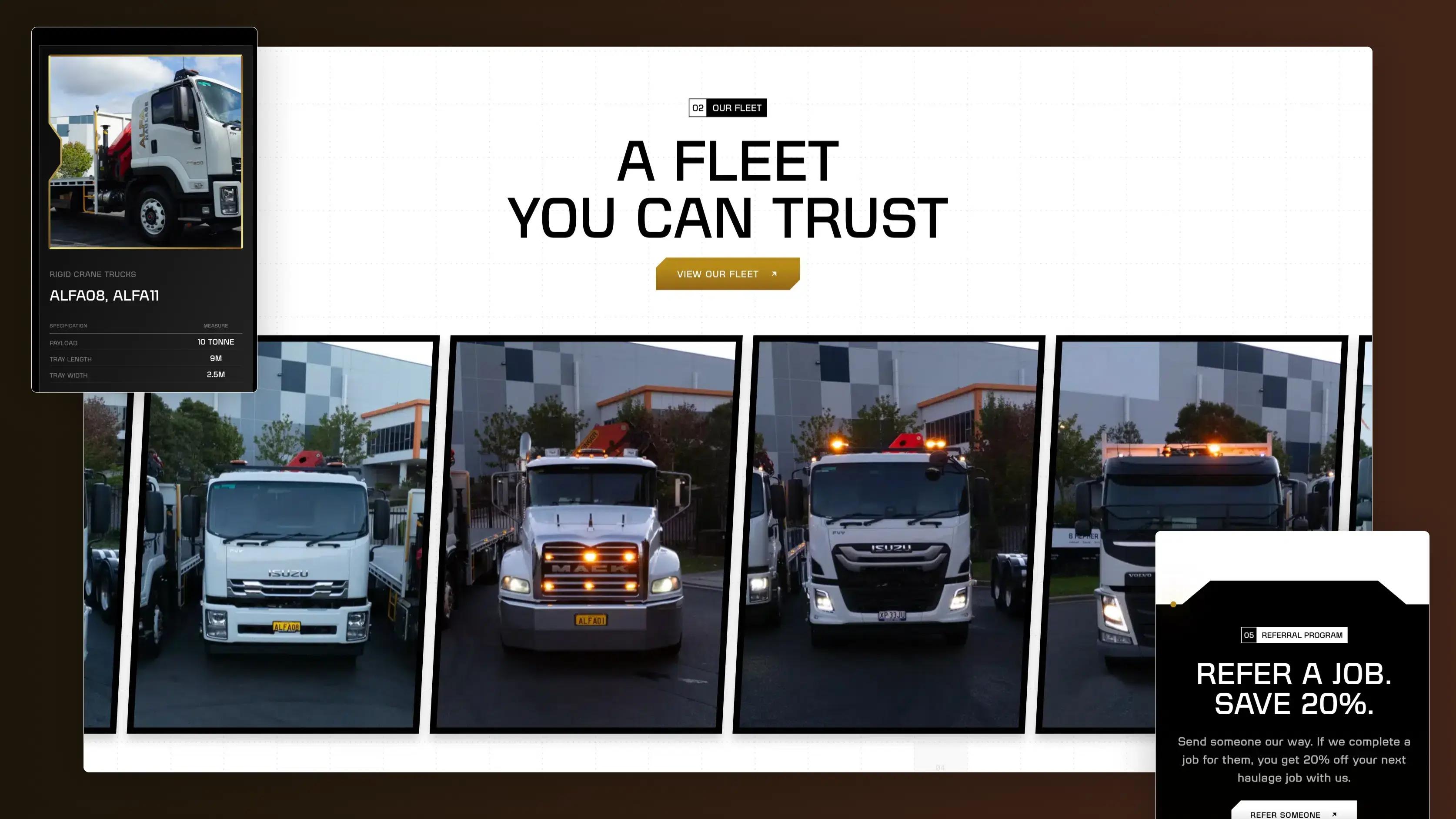 Alfa Haulage fleet page showing four crane trucks, a truck information card and the referral program.