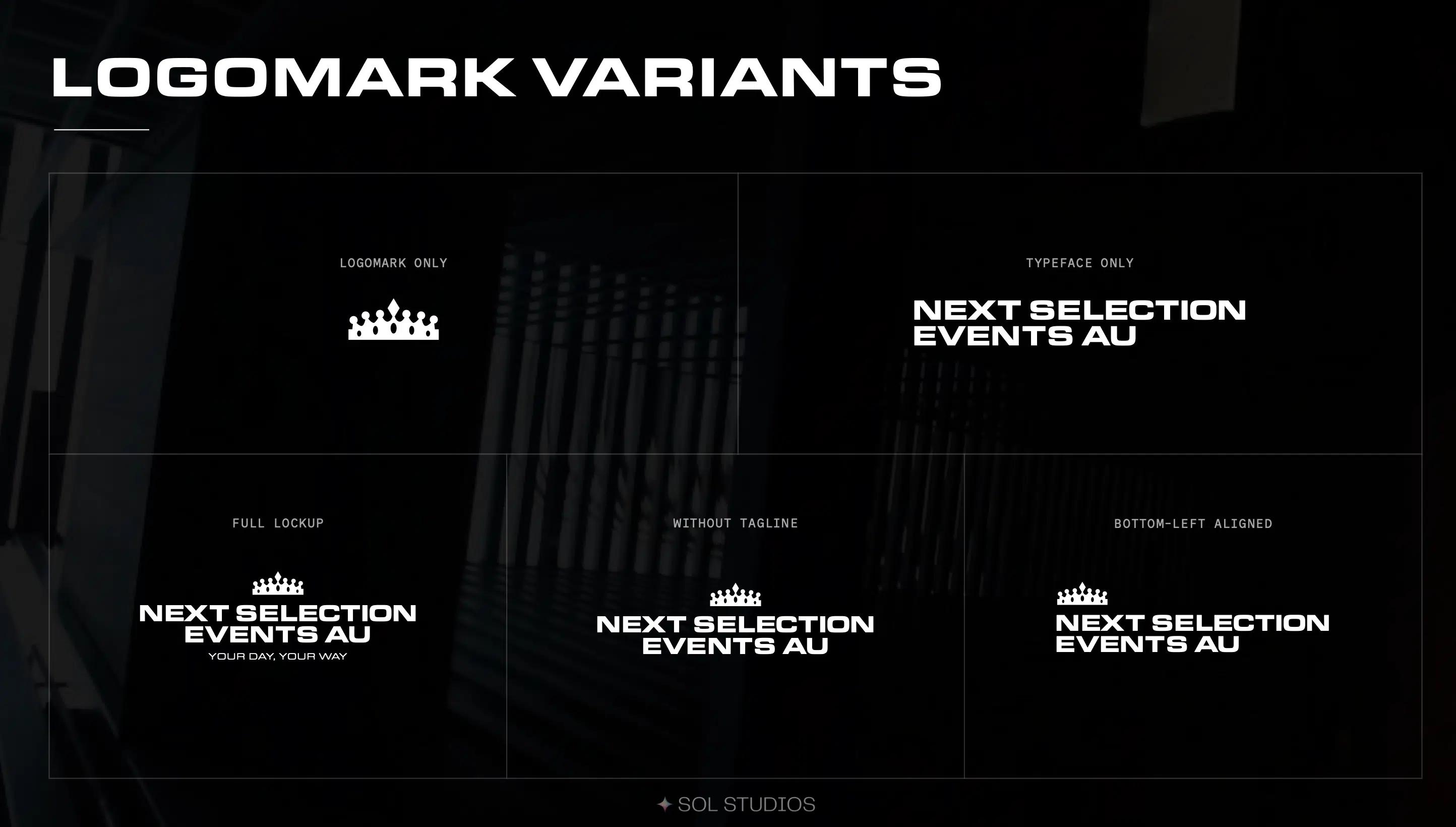 Next Selection logo variations showing the crown alone, wordmark, full logo with tagline, logo without tagline and left-aligned layout.