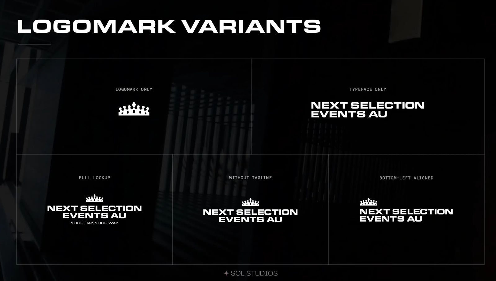 Next Selection logo variations showing the crown alone, wordmark, full logo with tagline, logo without tagline and left-aligned layout.